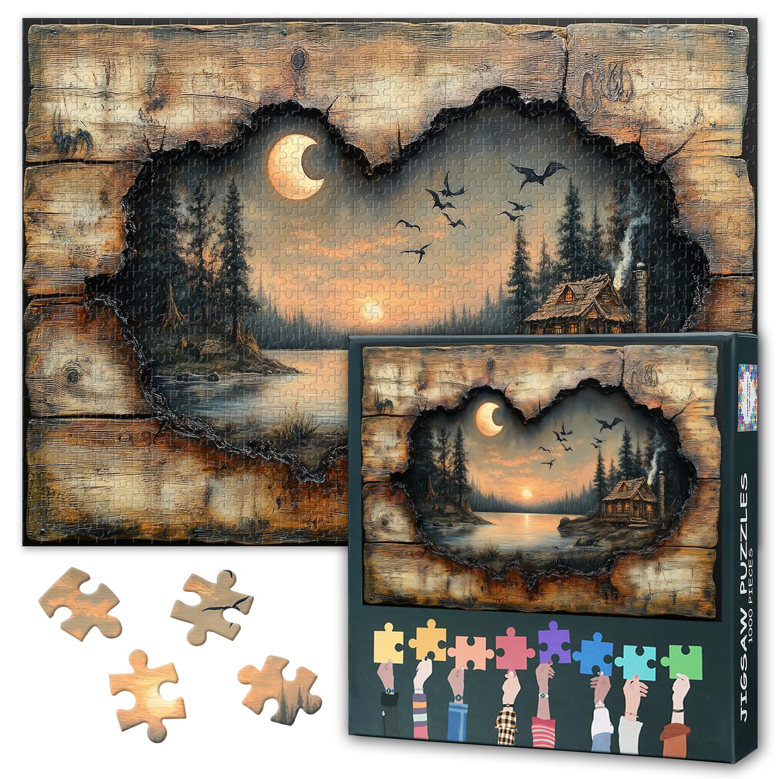 1000 Piece Puzzles for Adults Rustic Wooden Frame Reveals a Moonlit Forest Scene with a Cabin on the Lakeshore Jigsaw Puzzle