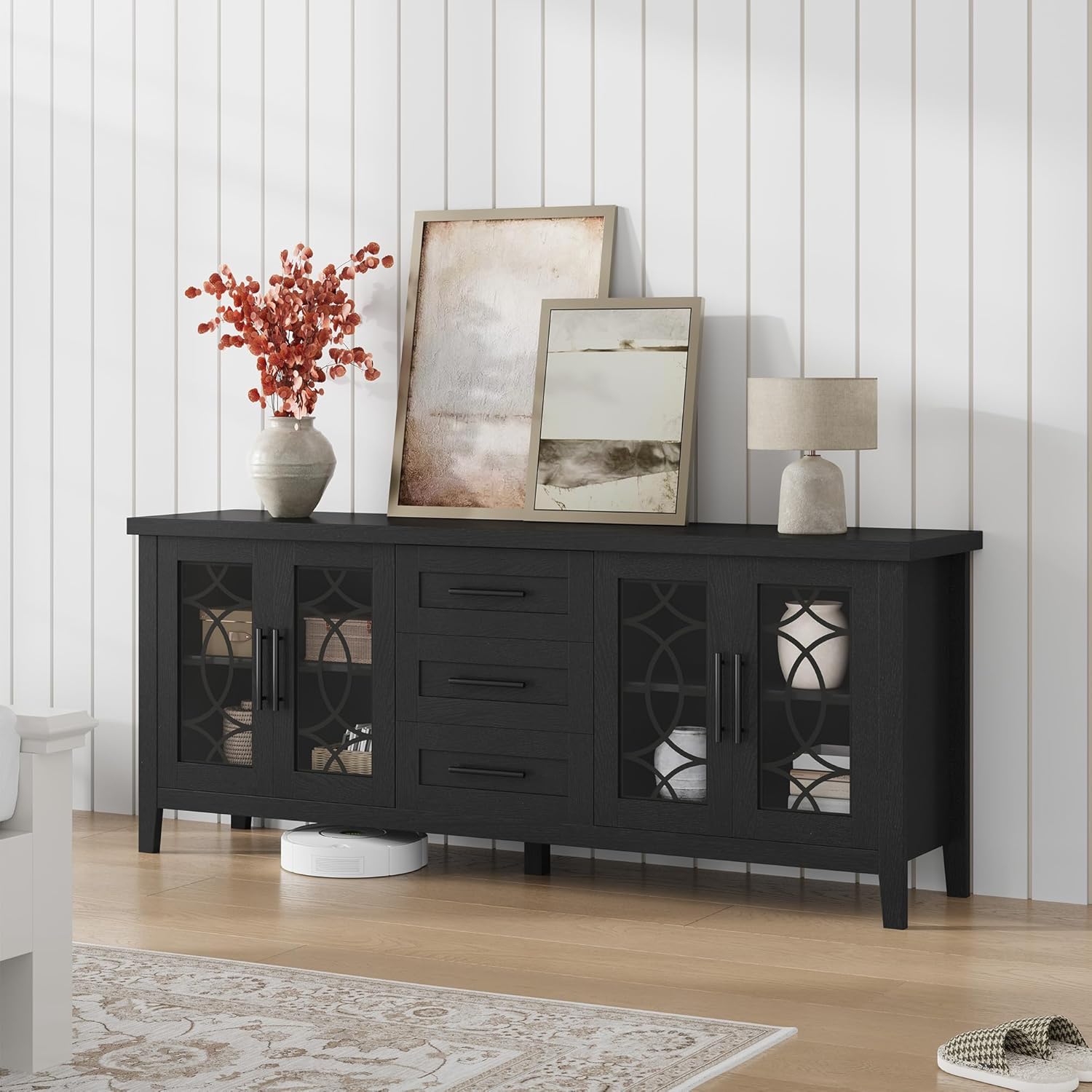 GarveeHome Farmhouse TV Stand with Glass Door for 70 Inch Tv, Mid Century Modern Entertainment Center for Living Room, Rustic Television Stands 2 Storage Door & 3 Drawer for Bedroom (Farmhouse Black)