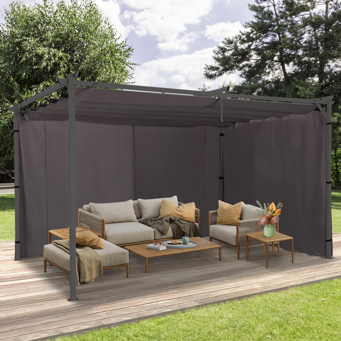 IDMarket - Lot de 2 Rideaux pour pergola 3 et 4 M Gris Panneaux muraux avec Fermeture éclair