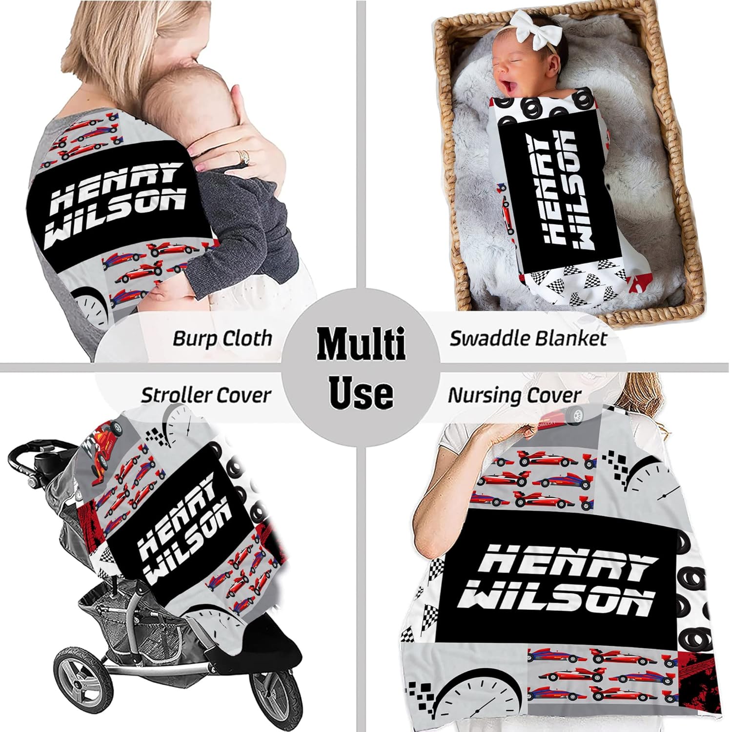 Personalized Racing Car Baby Blanket, Custom Name Soft Fleece Throw, Newborn Boys Receiving Swaddle, Infant Bedding, Unique Shower Gift