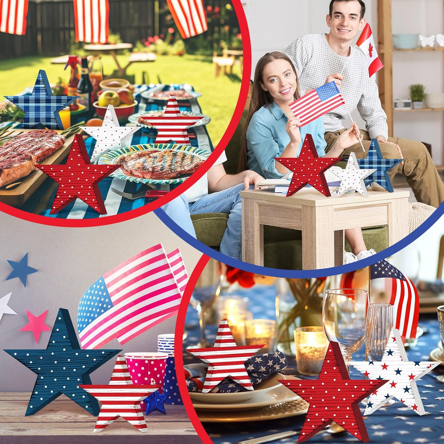Beeveer 6 Pcs 4th of July Wooden Stars Signs Star Tiered Tray Decor Red Blue White Wood Star Shape Memorial Day Table Blocks for Party Home Office Decor Independence Day 250th Anniversary