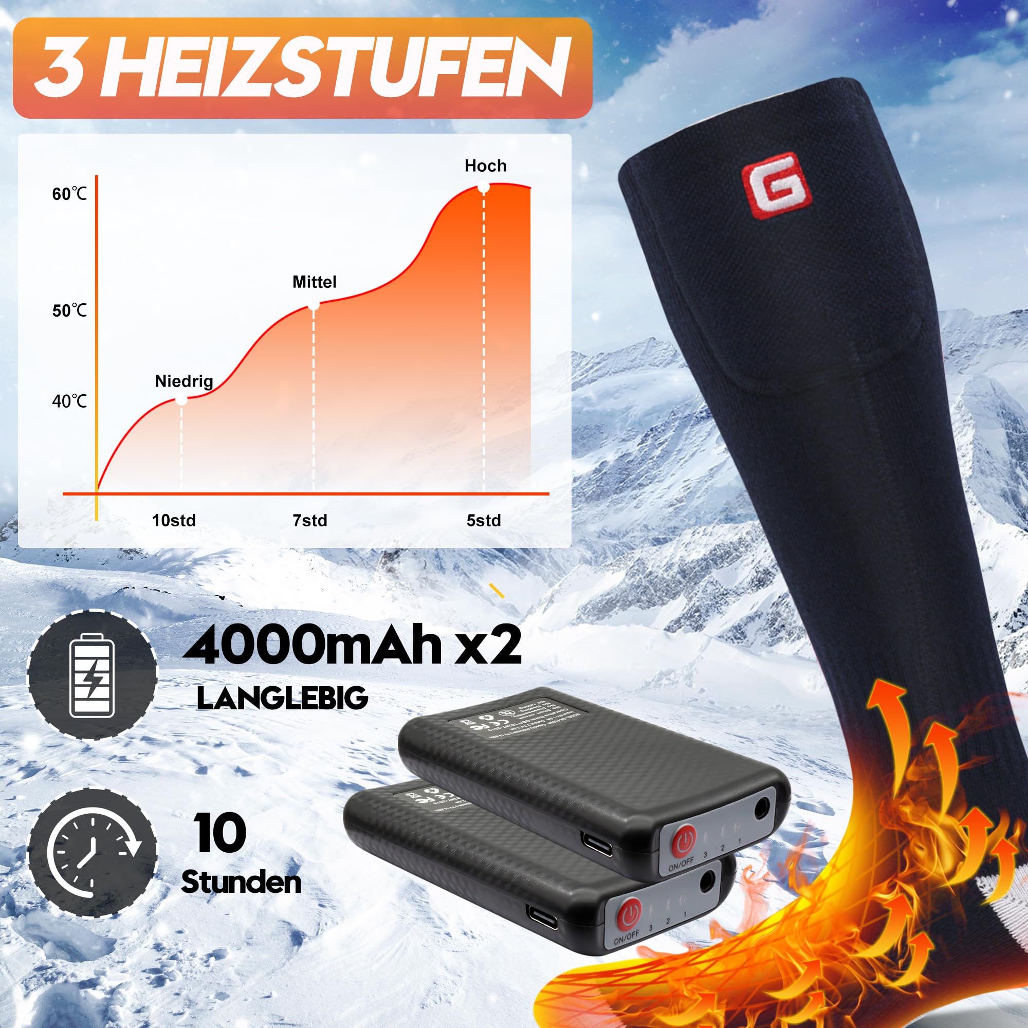 Chaussettes Chauffantes Rechargeables Svpro – 3 Niveaux De Chaleur Pour Homme Et Femme, Idéales Pour Le Ski, Rando, Chasse Et Camping