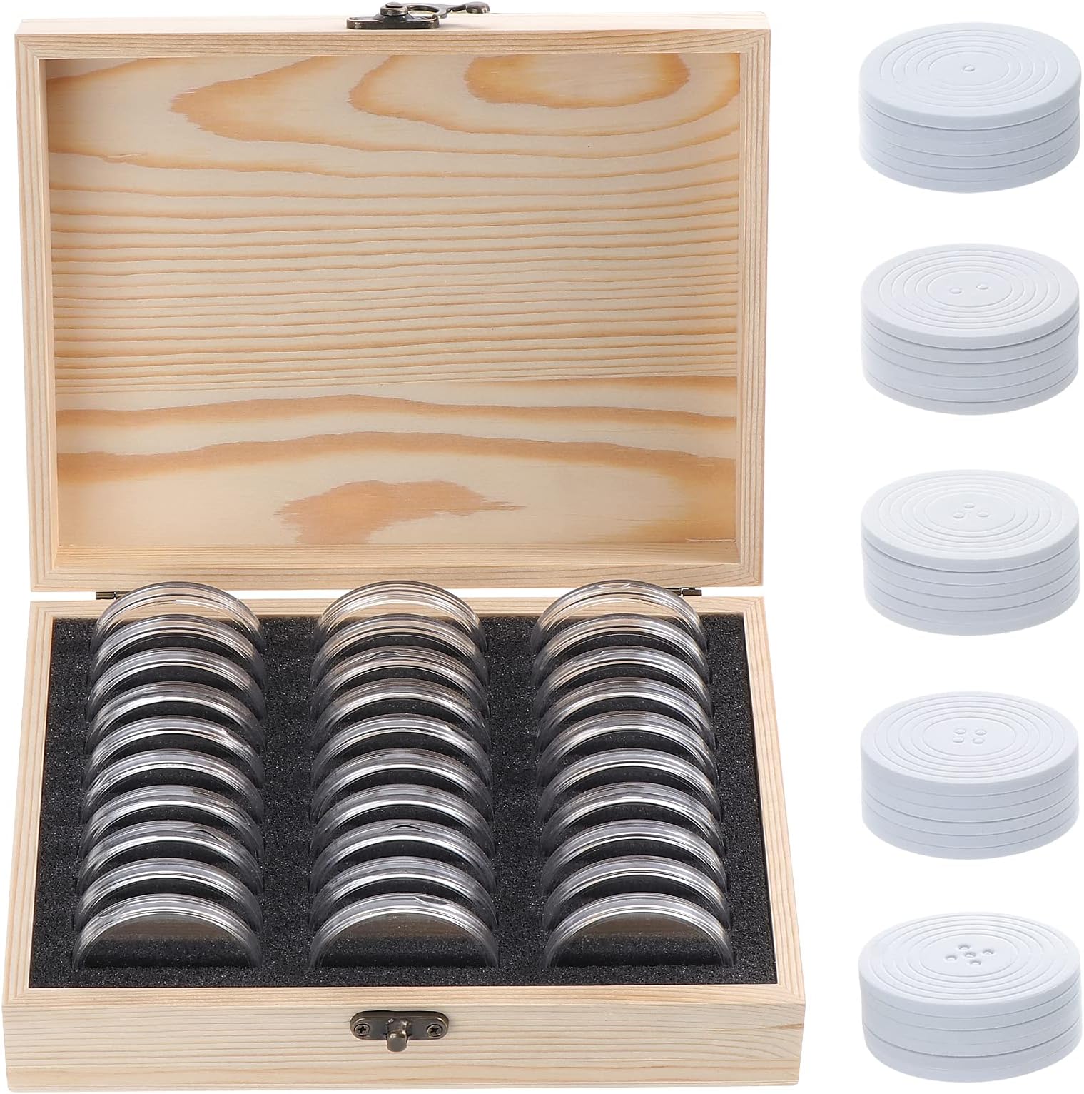 30Pcs Coin Holder Case Wooden Storage Box With Round Capsules Plastic Organizer Protection For Collectors 5 Sizes