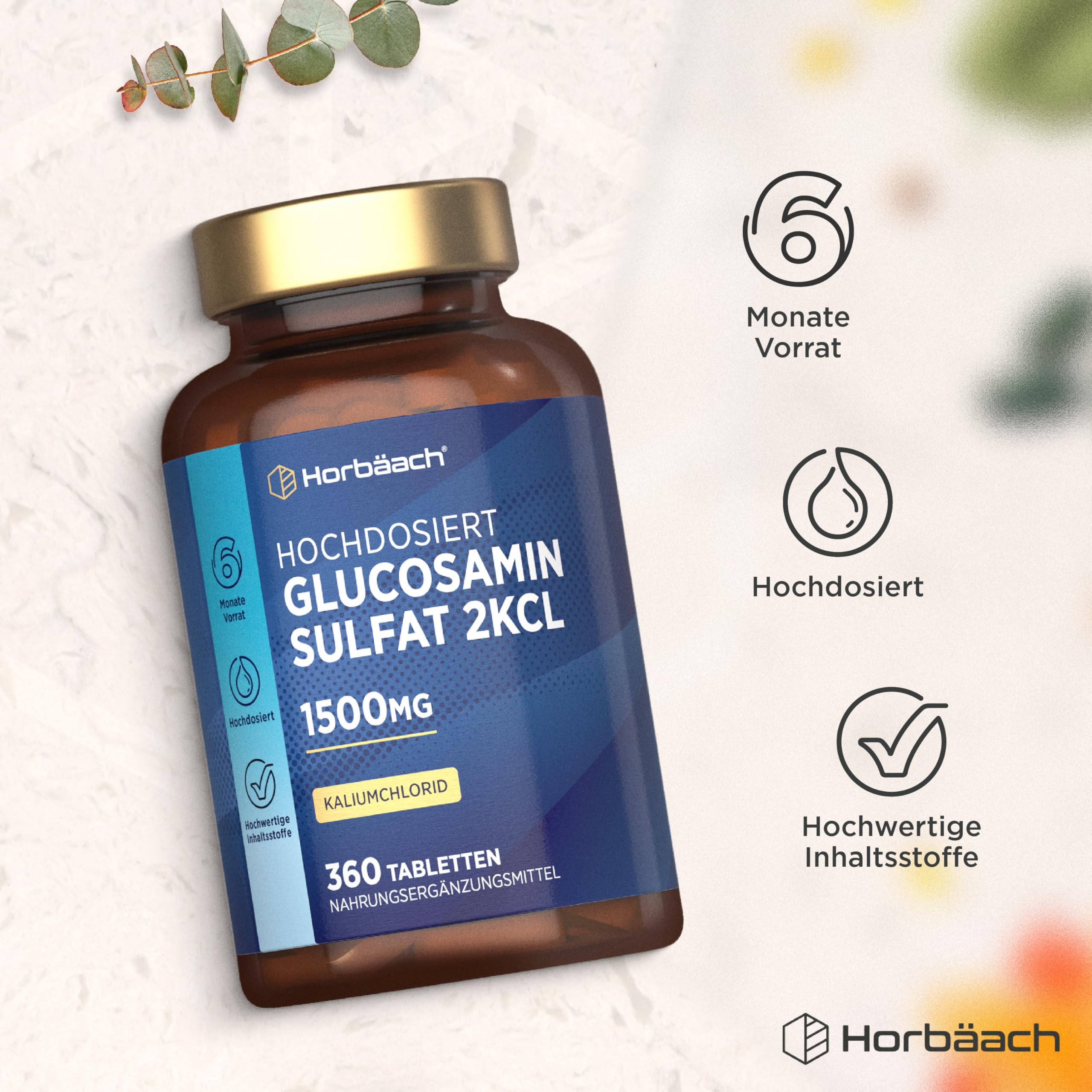 Glucosamin Sulfat 1500mg 2KCl | Glucosaminsulfat | 360 Hochdosiert Tabletten | Glucosamine Sulphate | von Horbaach