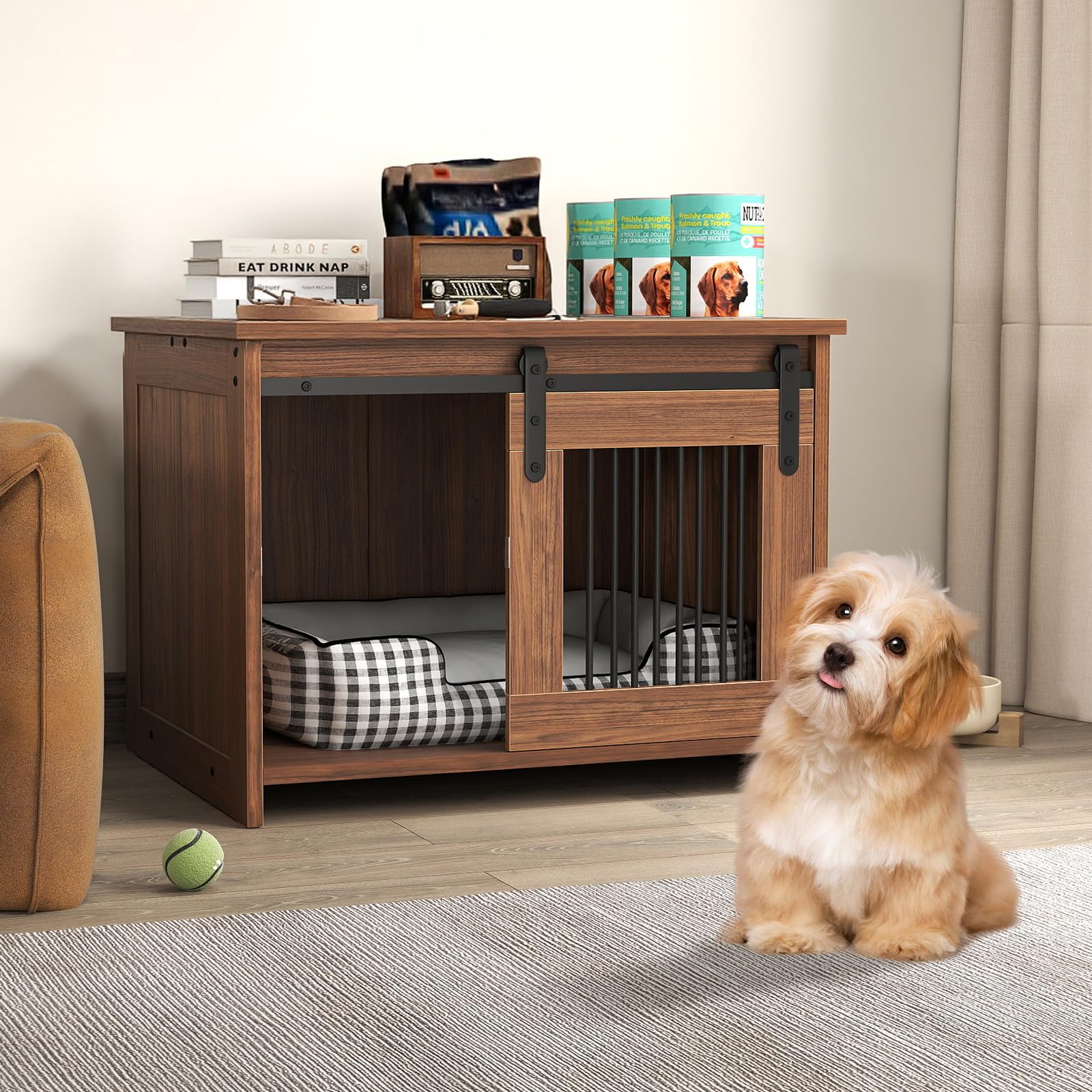COSTWAY Jaula para Perros Medianos, 80x60x60 cm, Muebles de Jaula para Perros con Puerta Corrediza, Tubos Metálicos a Prueba de Masticar, Mesa Auxiliar Perrera para Mascotas Pequeñas Medianas (Marrón)