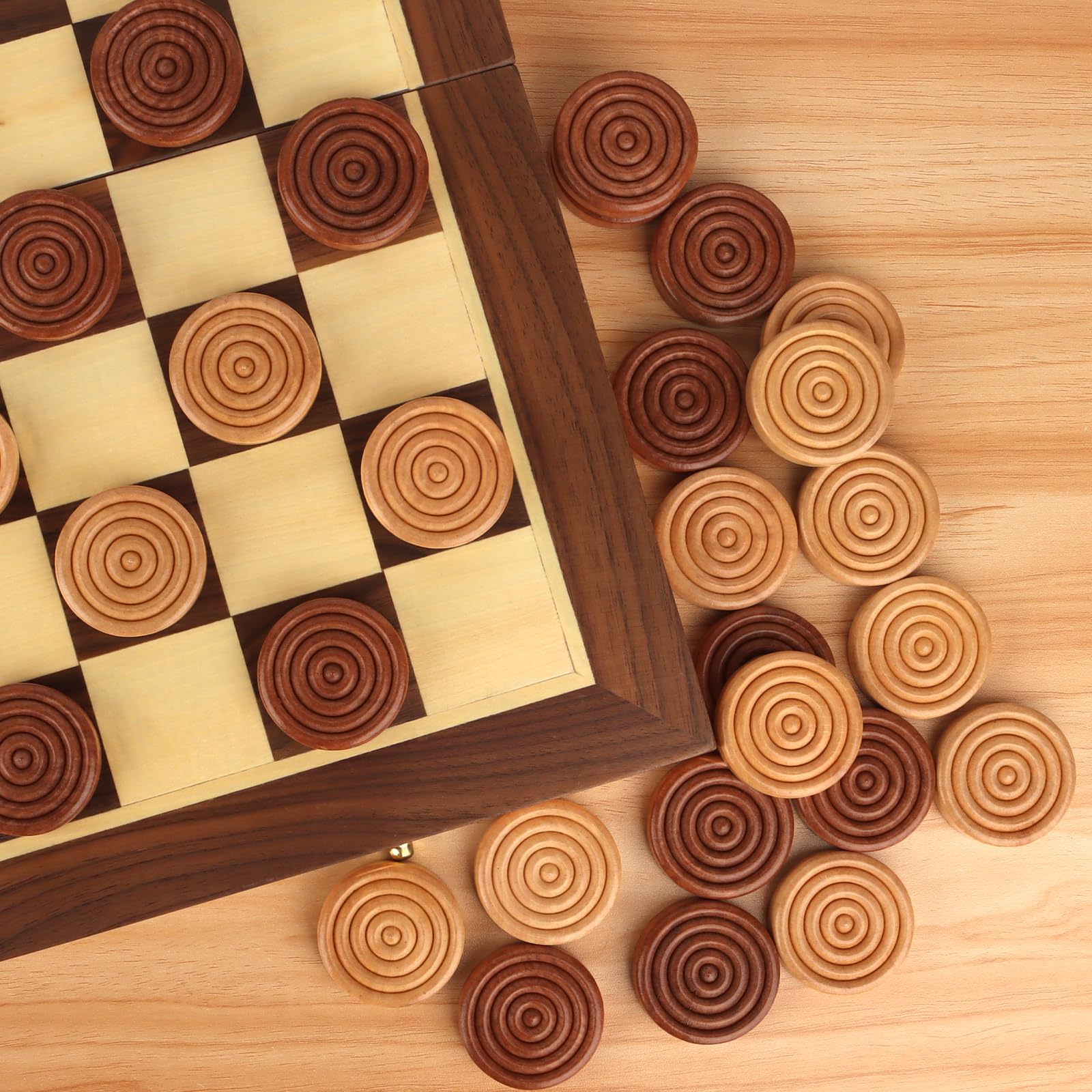 BIVOMON Wooden Checkers Pieces Set - 30 Stackable Game Pieces With Dice & Bags