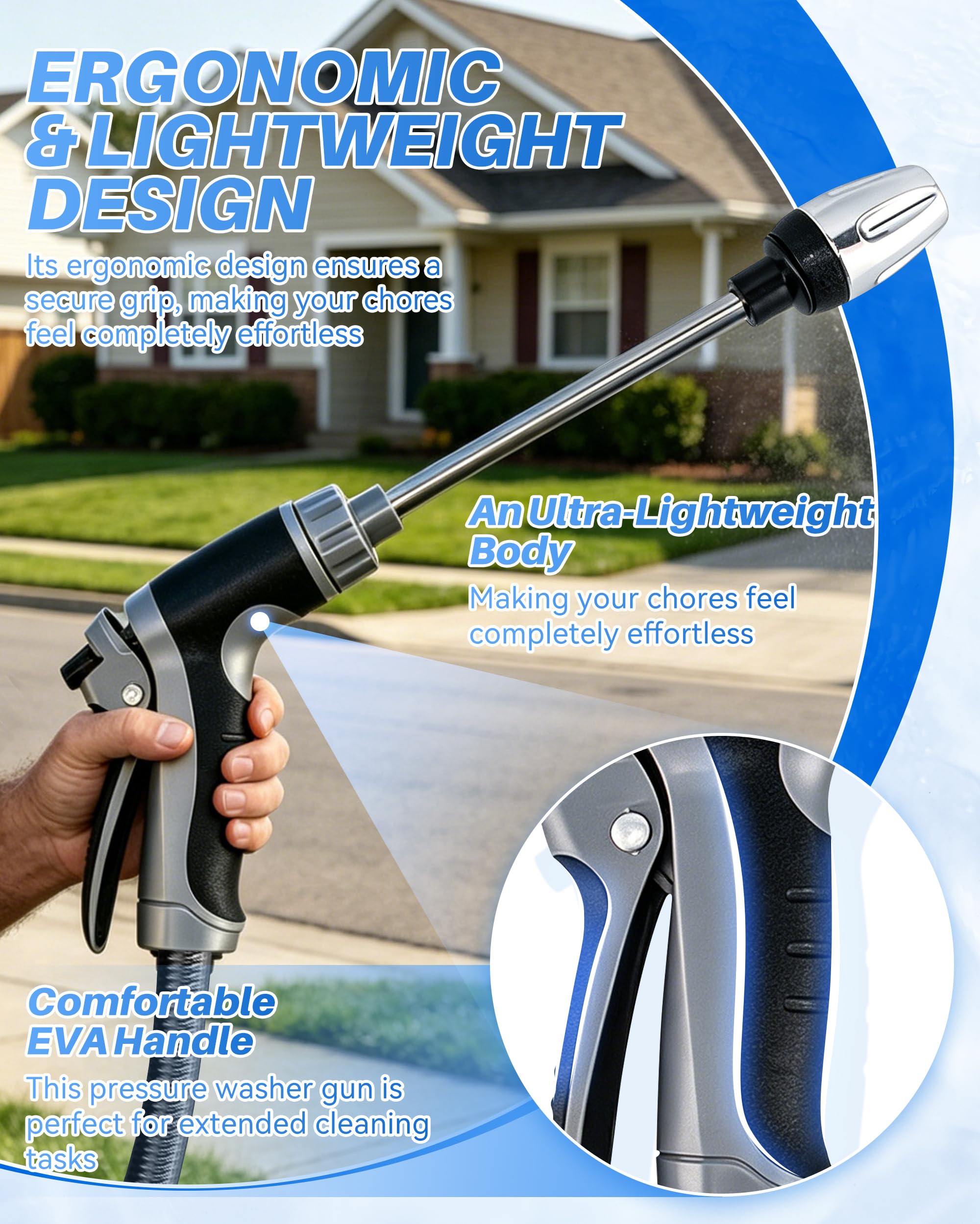 Washer Gun, High Pressure Garden Hose Nozzle with 360° Rotating Nozzle, 3 Spray Modes, Handheld Jet Nozzle Power Washer for Garden Hose - Fit with U.S. 3/4In Threaded Hoses(Grey-A) - 4
