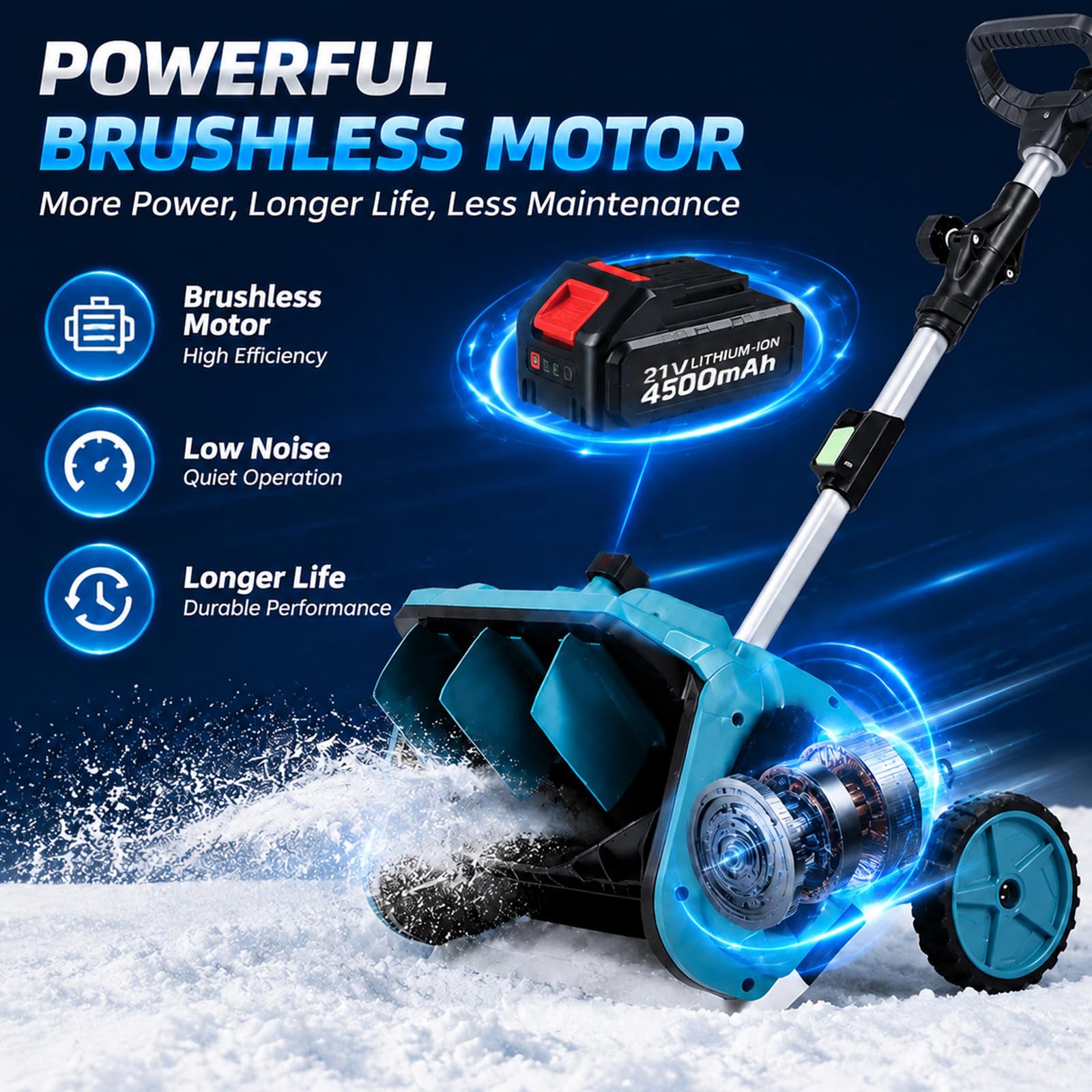 Spazzaneve a Batteria con Batteria 21V e Caricabatterie, Motore Brushless | Gittata di 7,6 m, larghezza di 40 cm, direzione e impugnatura regolabili, autonomia fino a 35 minuti
