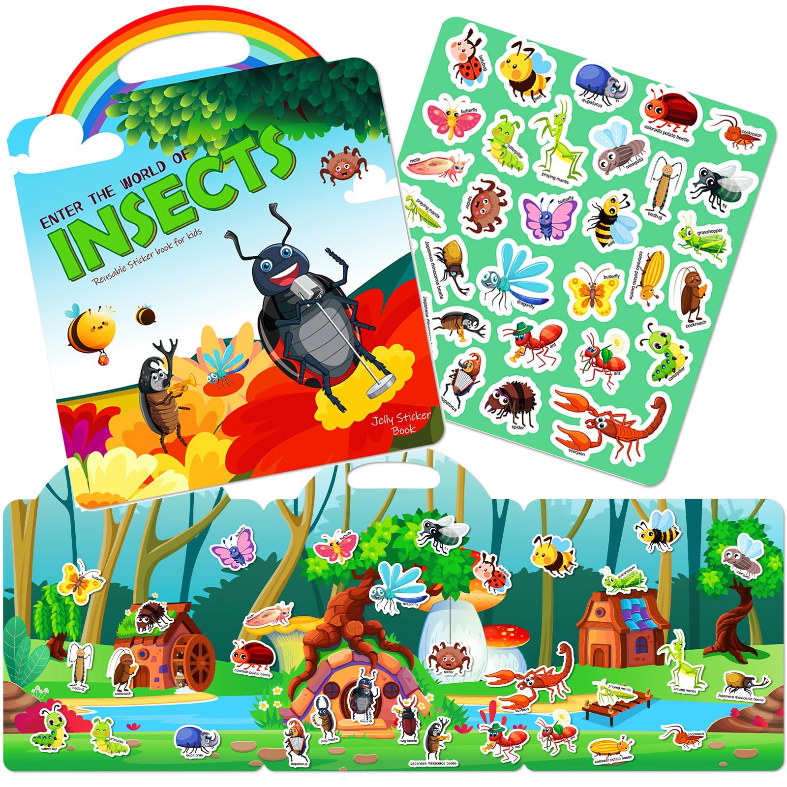 Reusable Sticker Books for Toddlers 1-3, Fun Education Stickers Book for Kids, Cute Waterproof Stickers for Boys and Girls, Gifts (Insect)