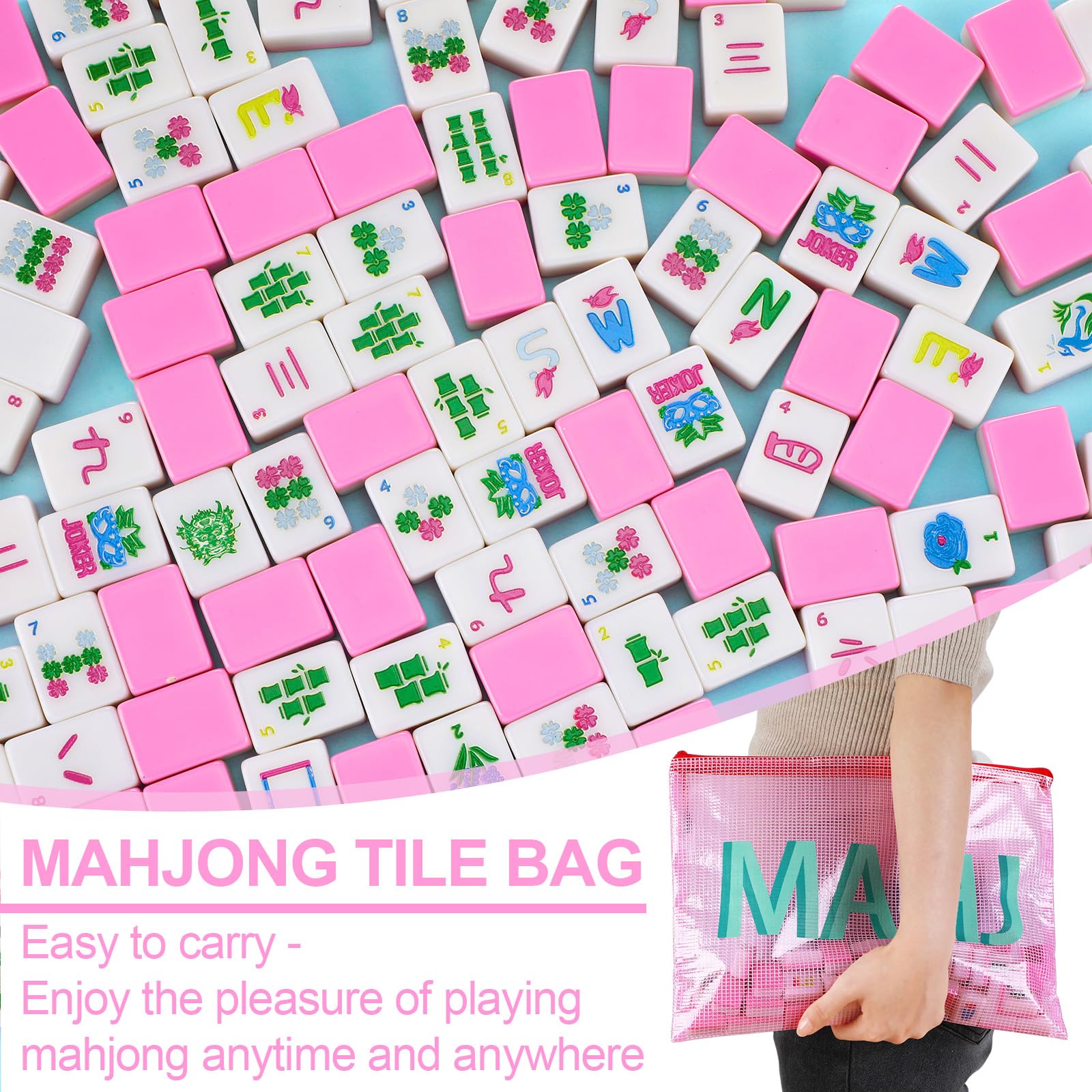 Soulchen Kaleidoscope Mahjong - Juego de 160 azulejos Mahjong de 1.2 pulgadas, juego de azulejos Mahjong rosa americano con bolsa de Mahjong (bambú)