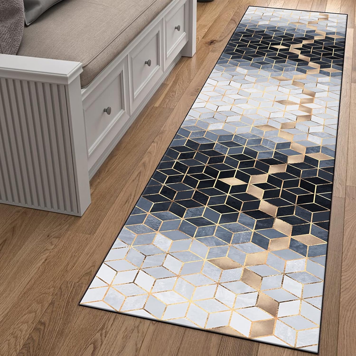 Runner Rug 3'4"x20' Modern Plaid Rug Runner, Non Slip Entryway Mat, Washable Kitchen Area Carpet for Bathroom, and Bedroom