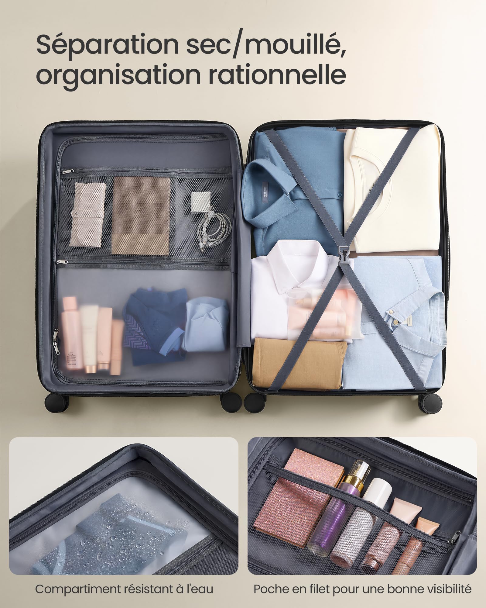 SONGMICS Valise Grande Taille, Valise Soute, Suitcase, en ABS, avec Serrure TSA, 4 roulettes Doubles, Sangle Incluse, Extensible, XL, 75 x 50 x 30 cm, Noir d'encre RLP003B101
