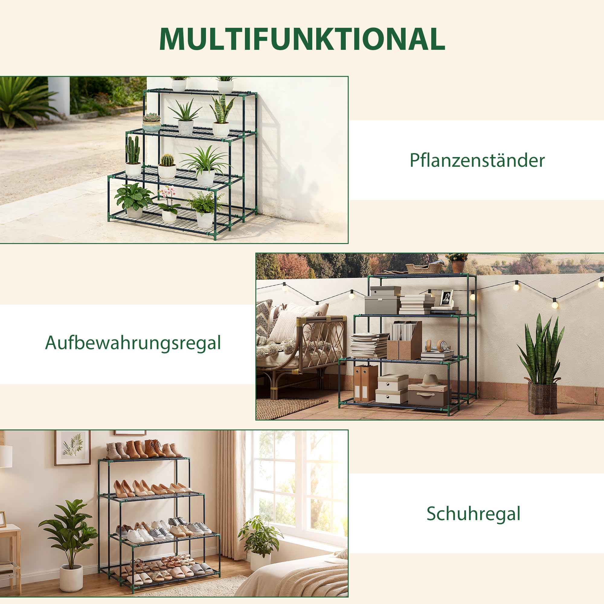 Outsunny 4-Etagen Pflanzenständer, 110 cm hoch Blumenständer mit 24 Clips, Pflanzenregal aus Stahl, mehrstöckig Blumenregal, Blumentreppe Blumentopfständer für Garten Balkon Deko, Dunkelgrün