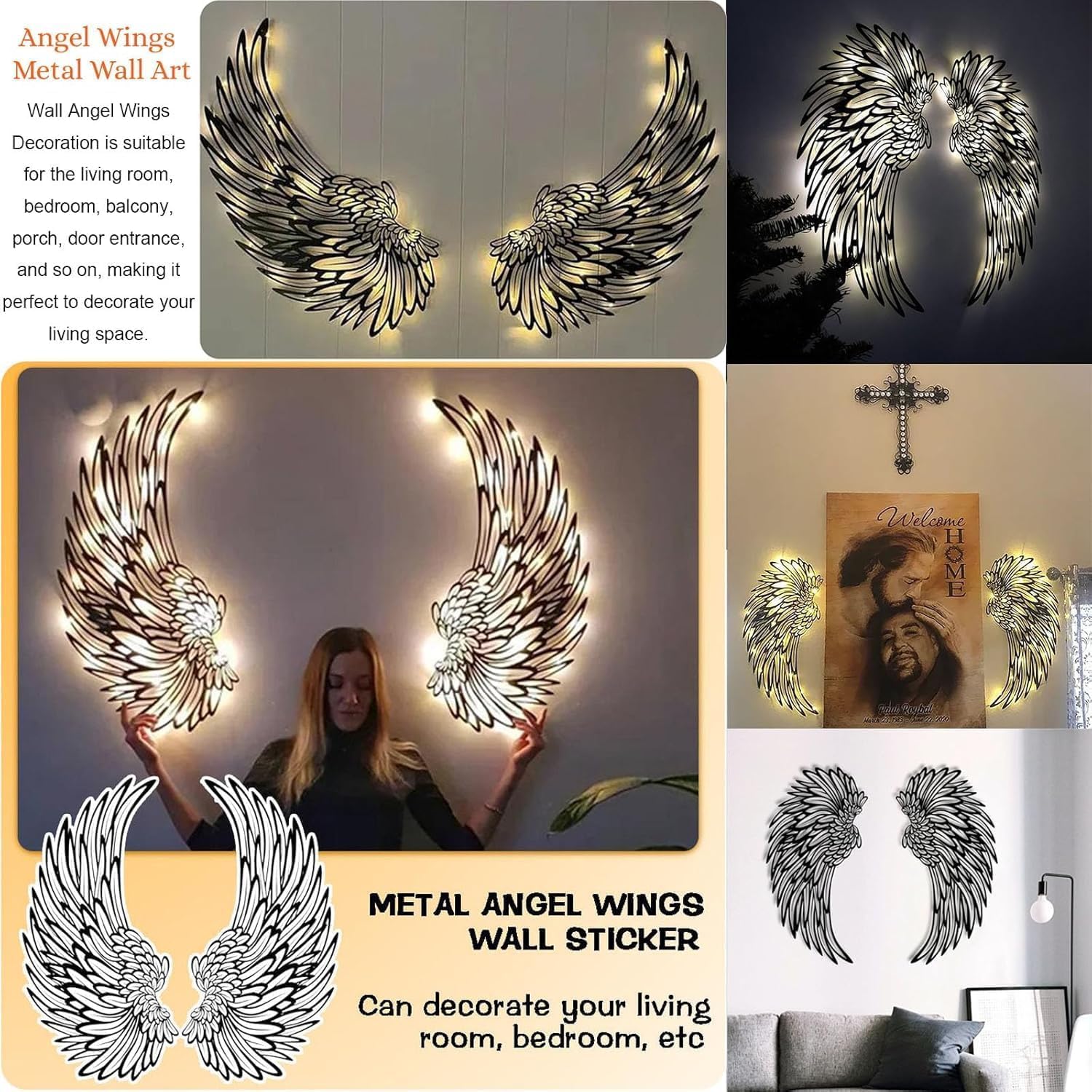 Skrzydła anioła, metalowa dekoracja ścienna, ze światłami LED, do wewnątrz, na zewnątrz, wiszące dekoracje, 35 cm