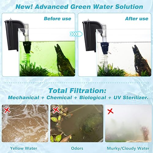 Miniatura 4 de Filtro de acuario para colgar en la parte posterior, 158 GPH para tanque de peces de 20 a 40 galones, con luz U-V desmontable y desnatador de