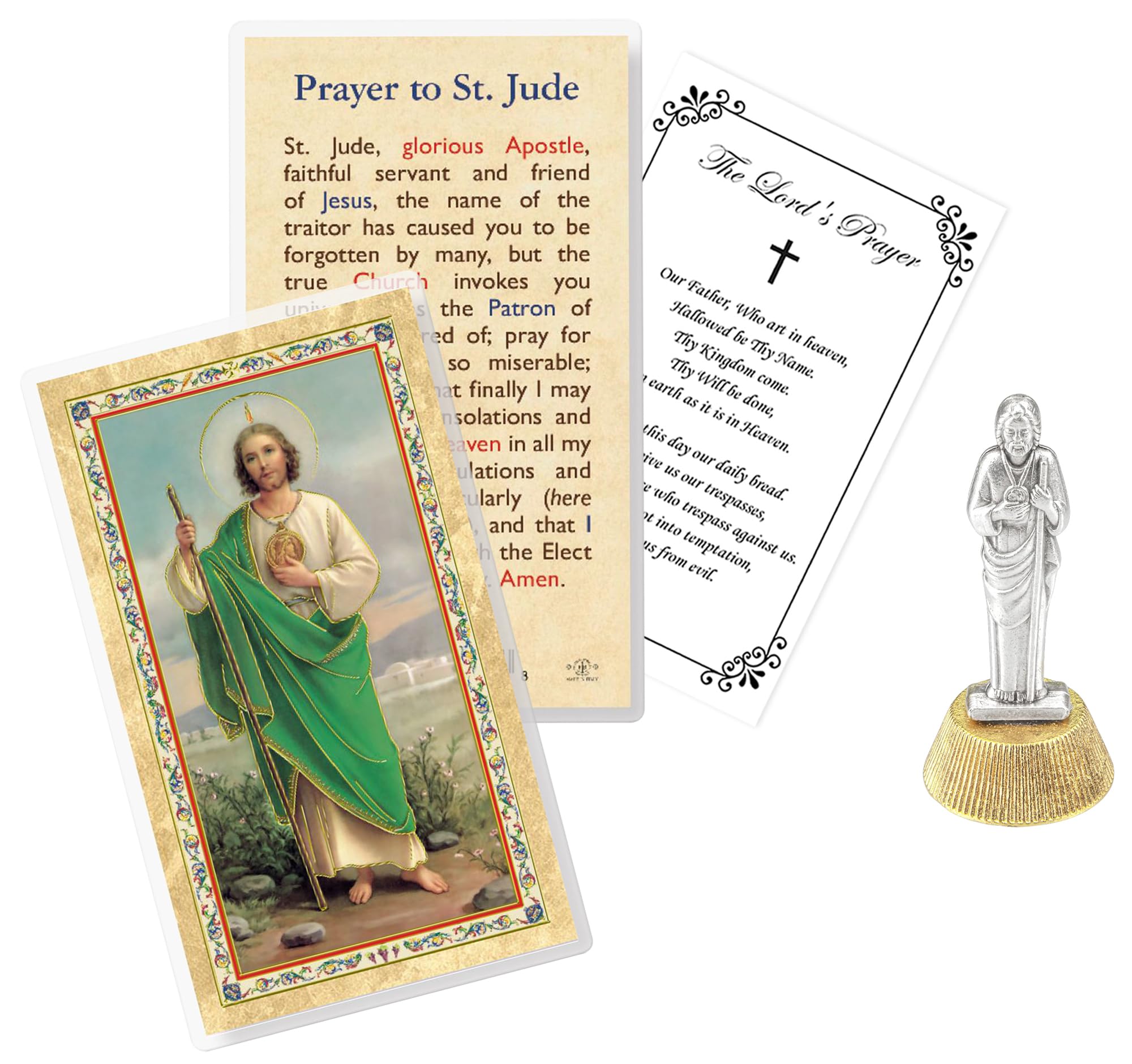 Mini Saint Jude Statue with Saint Jude Prayer Card, Lord's Prayer - Small St Jude Statue for Car, Home Decor - San Judas Tadeo Statue, St Jude Thaddeus Patron of Hope and Impossible Causes, 3 Items