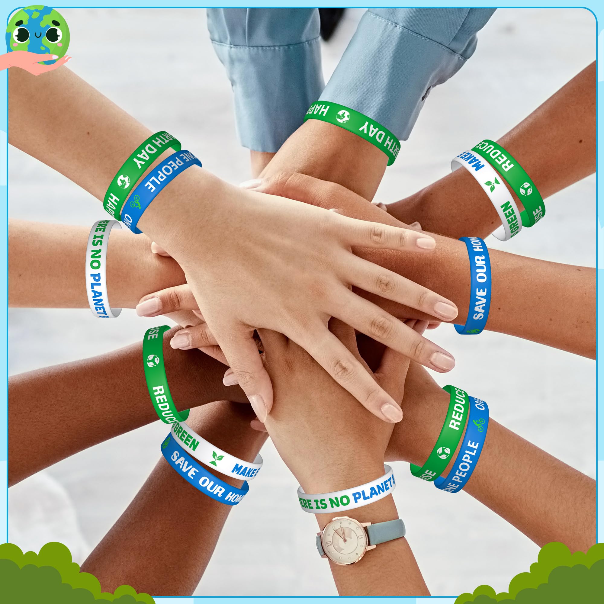 WATINC Braccialetti in silicone con scritta Happy Earth Day, verde e blu, braccialetti elasticizzati per riutilizzare e ridurre il riciclo, motivazionali, motivazionali, bomboniere, eventi, regalo per