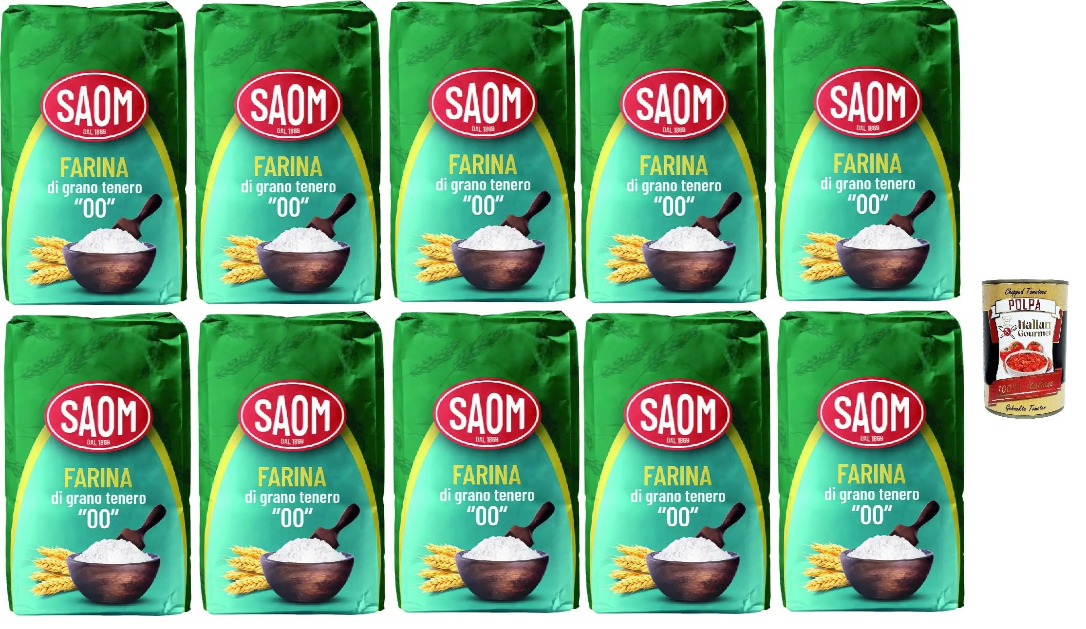 Farina Saom, Farina di Grano Tenero, Tipo 00, Weizenmehl, Pizza Napoli Pizzamehl Pizza Mehl 10x 1kg + Italian Gourmet polpa 400g