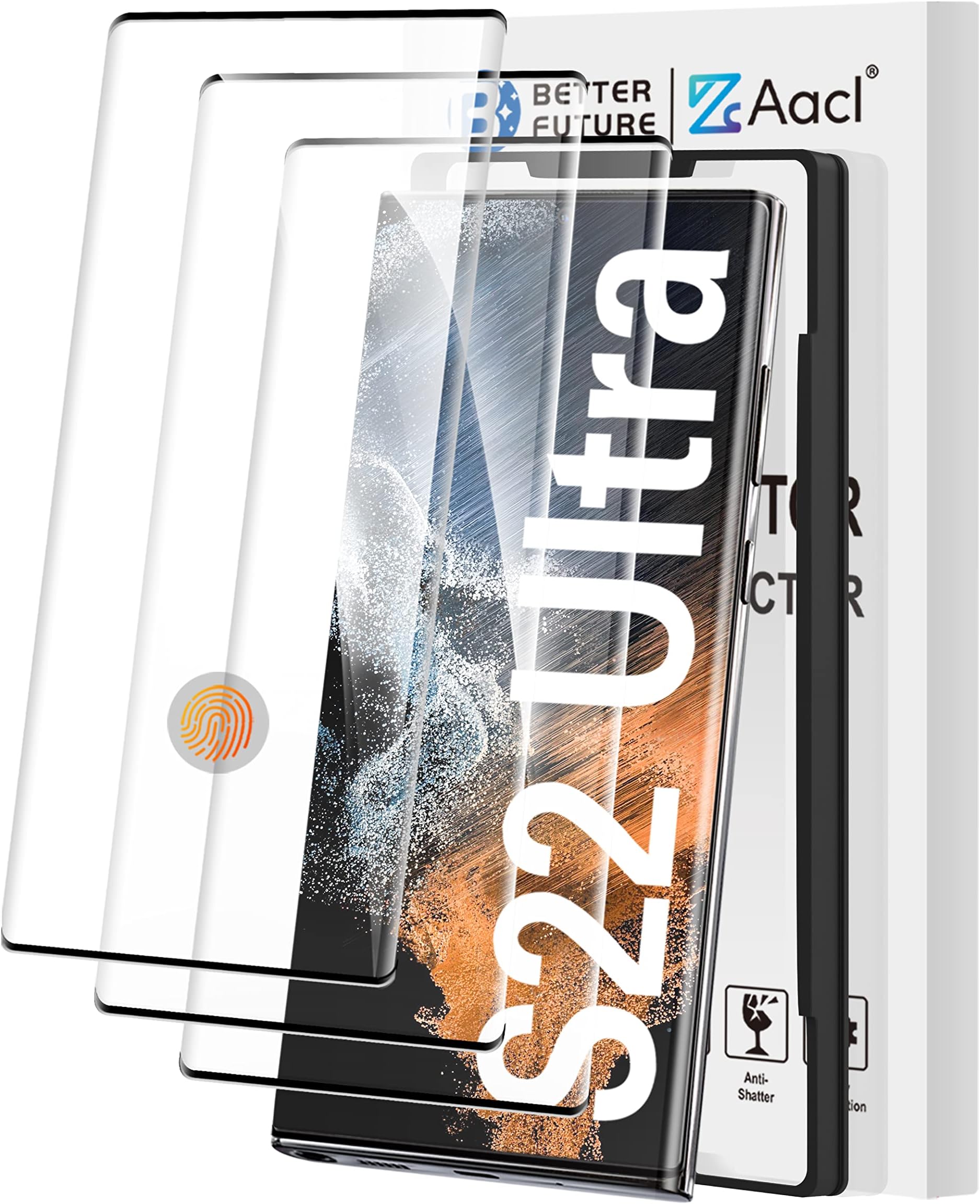 AACL [Fingerprint Compatible][3-Pack] 3D Curved Tempered Glass for Samsung Galaxy S22 Ultra 5G Screen Protector, [Easy Installation with Alignment][Anti-Scratch][Case Friendly]