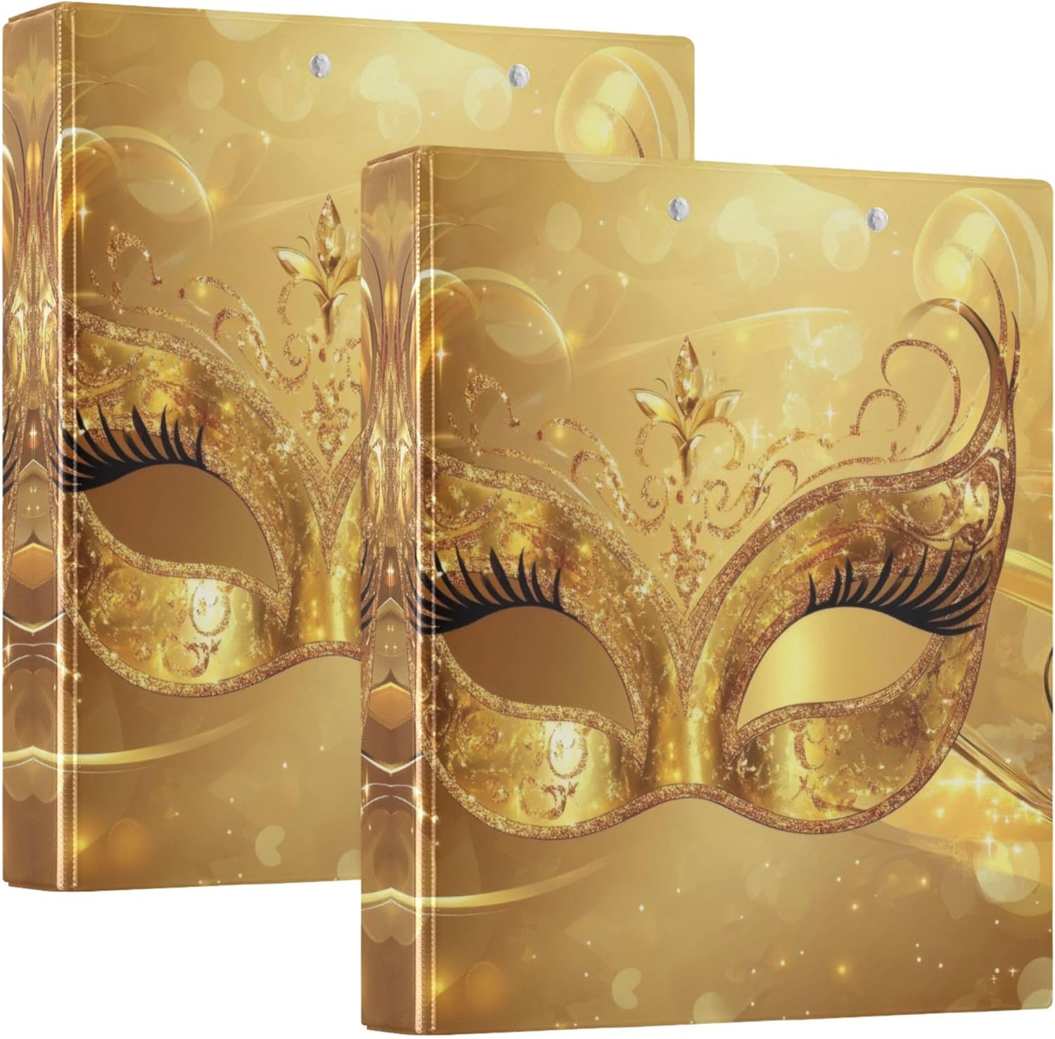 Mardi Gras Mask 3 Ring Binders, 1.5” Round Ring Binders with Clipboard - Letter Size, 3 Interior PVC Clear Pockets & Anti-Slip Clip for Office School Supplies, 2PCS