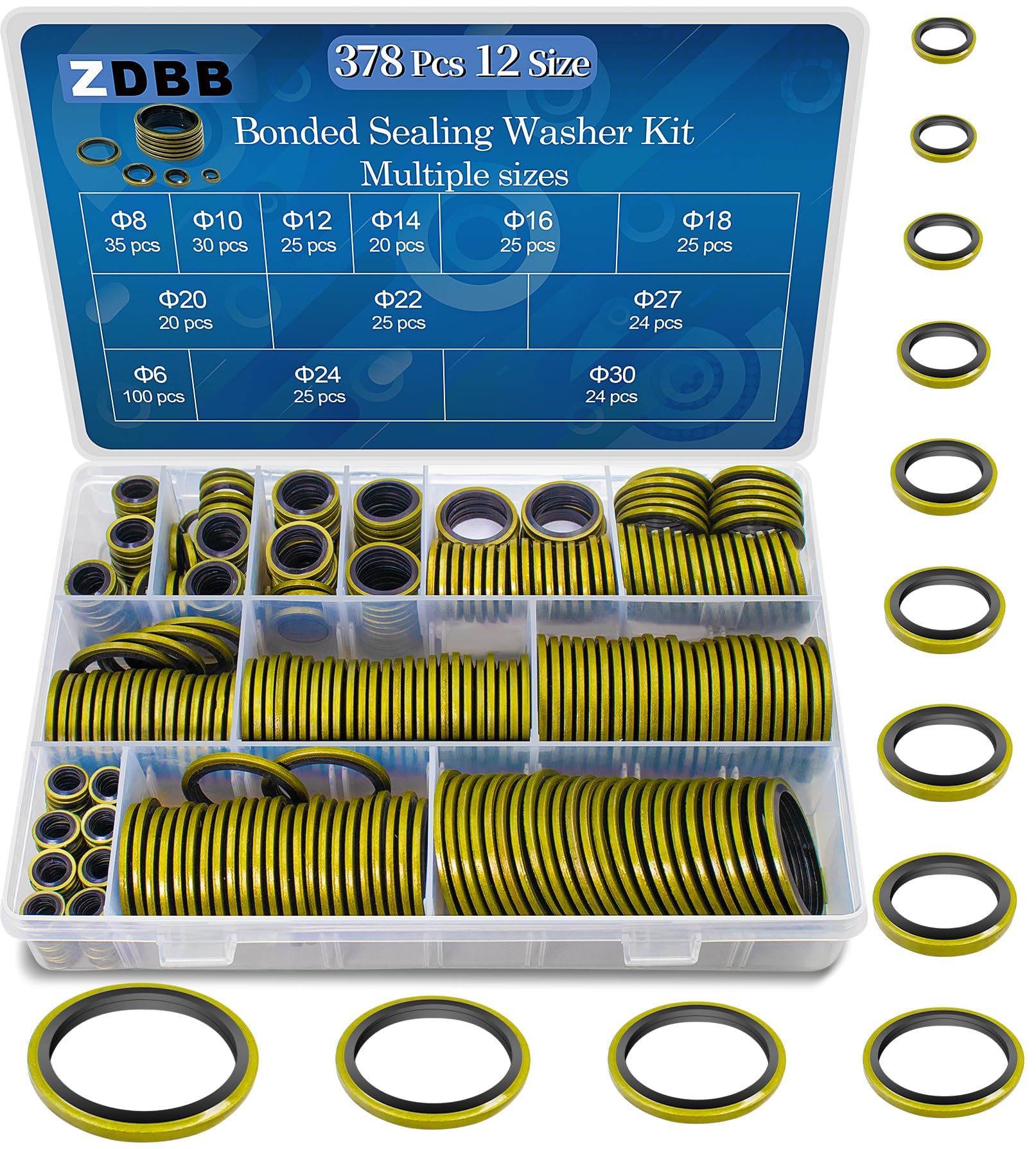 12 Sizes 378 Pcs Bonded Sealing Washer Kit,Automotive Self-Centred AC Seal Metal Rubber Gasket Repair Assortment Set M6 M8 M10 M12 M14 M16 M18 M20 M22 M24 M27 M30 (Metric)