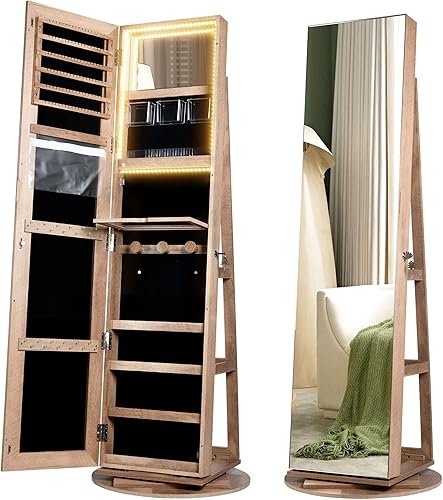 Miniatura 8 de Vlsrka LED Light Jewelry Cabinet with Full Length Mirror 360 Swivel, Large Jewelry Organizer Armoire Lockable Free Standing Mirror with Jewelry