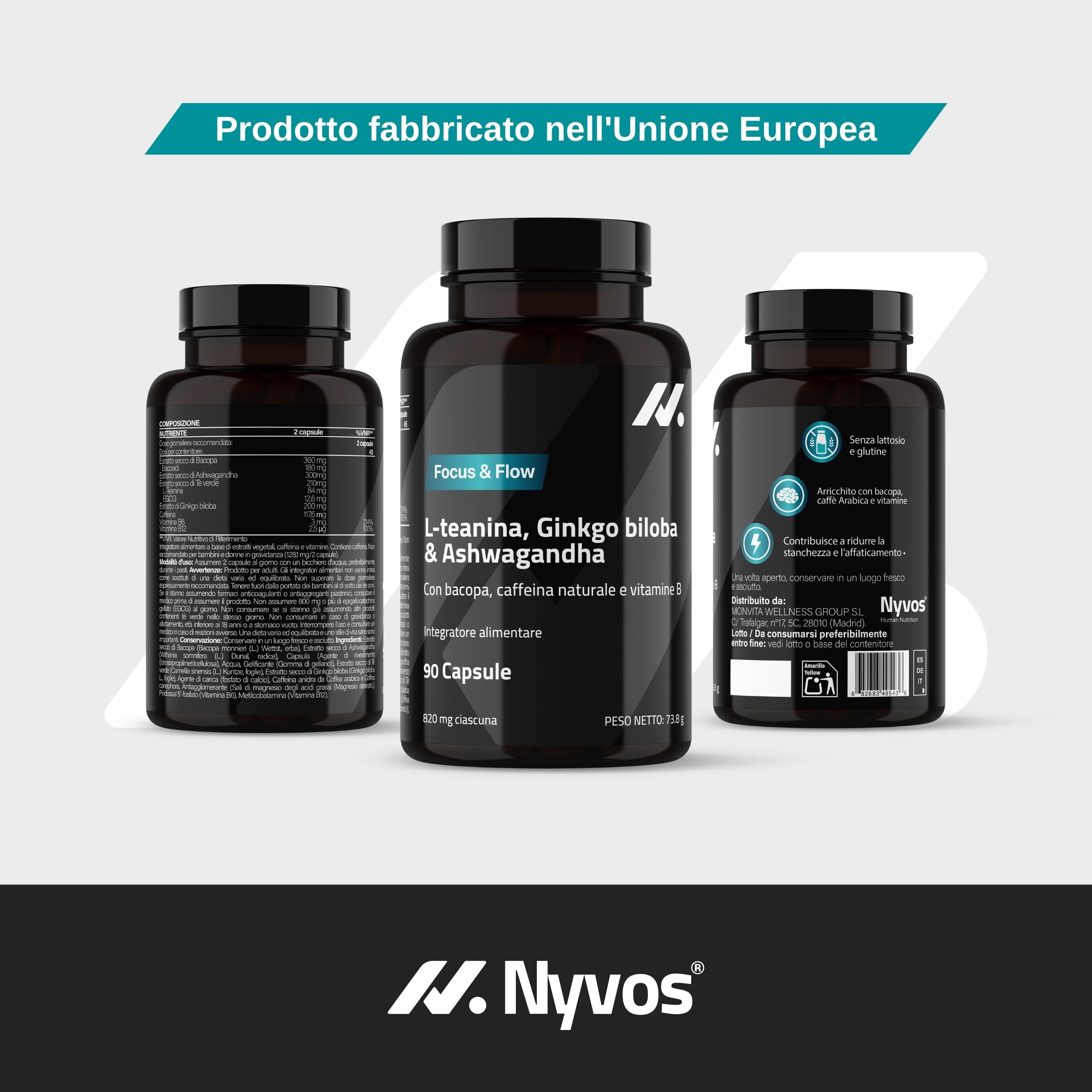 L Teanina, Ginkgo Biloba, Ashwagandha – Nootropico con Bacopa Monnieri, caffeina naturale, vitamine B6 & B12 ad alto dosaggio | Focus, concentrazione & energia senza nervosismo | 90 capsule vegane