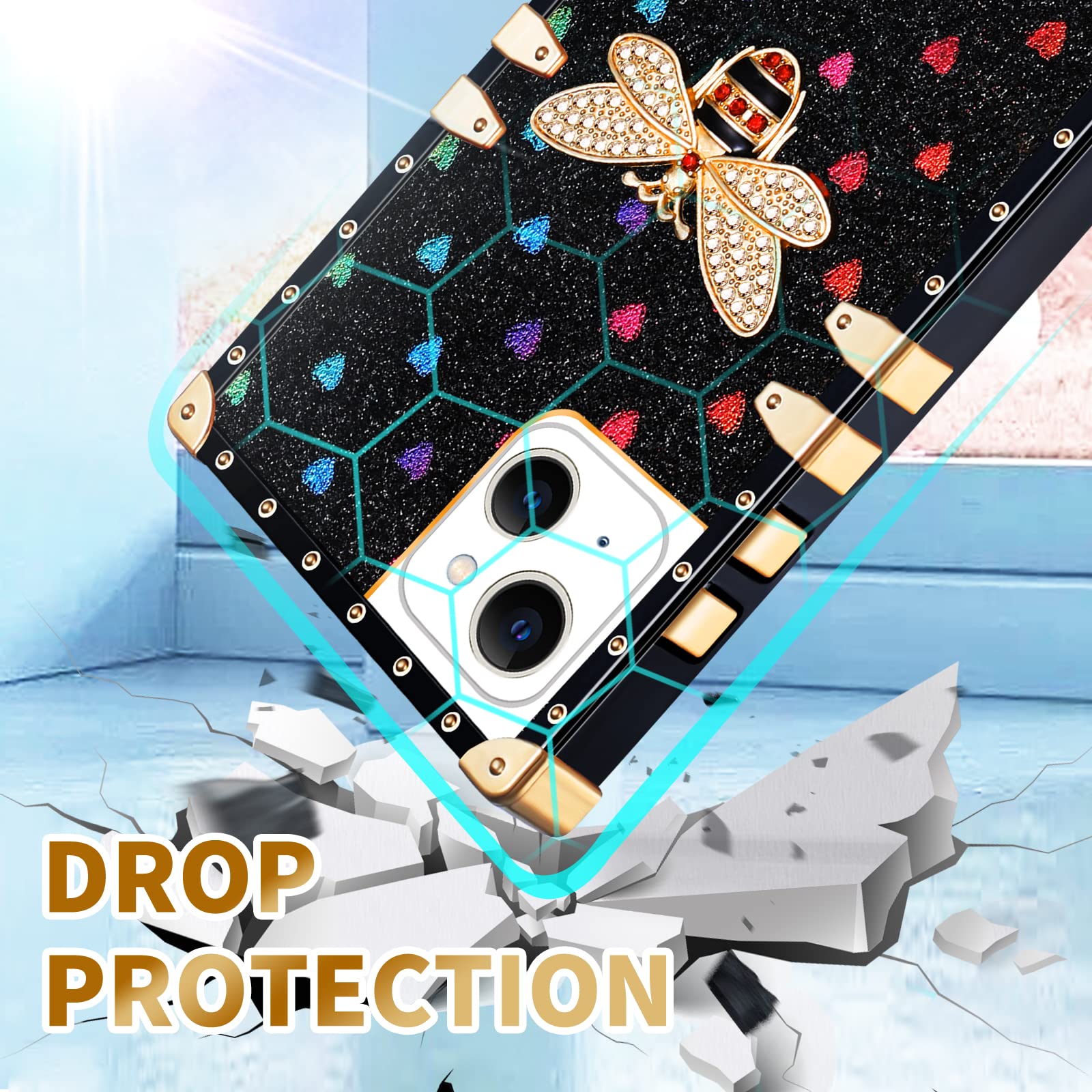 Loheckle Für Quadratische iPhone 13 Hülle, Designer Retro Luxus Hüllen für Frauen mit Ring Ständer Halter und Lanyard, Stilvolle Biene Cute Cover für iPhone 13 6,1 Zoll