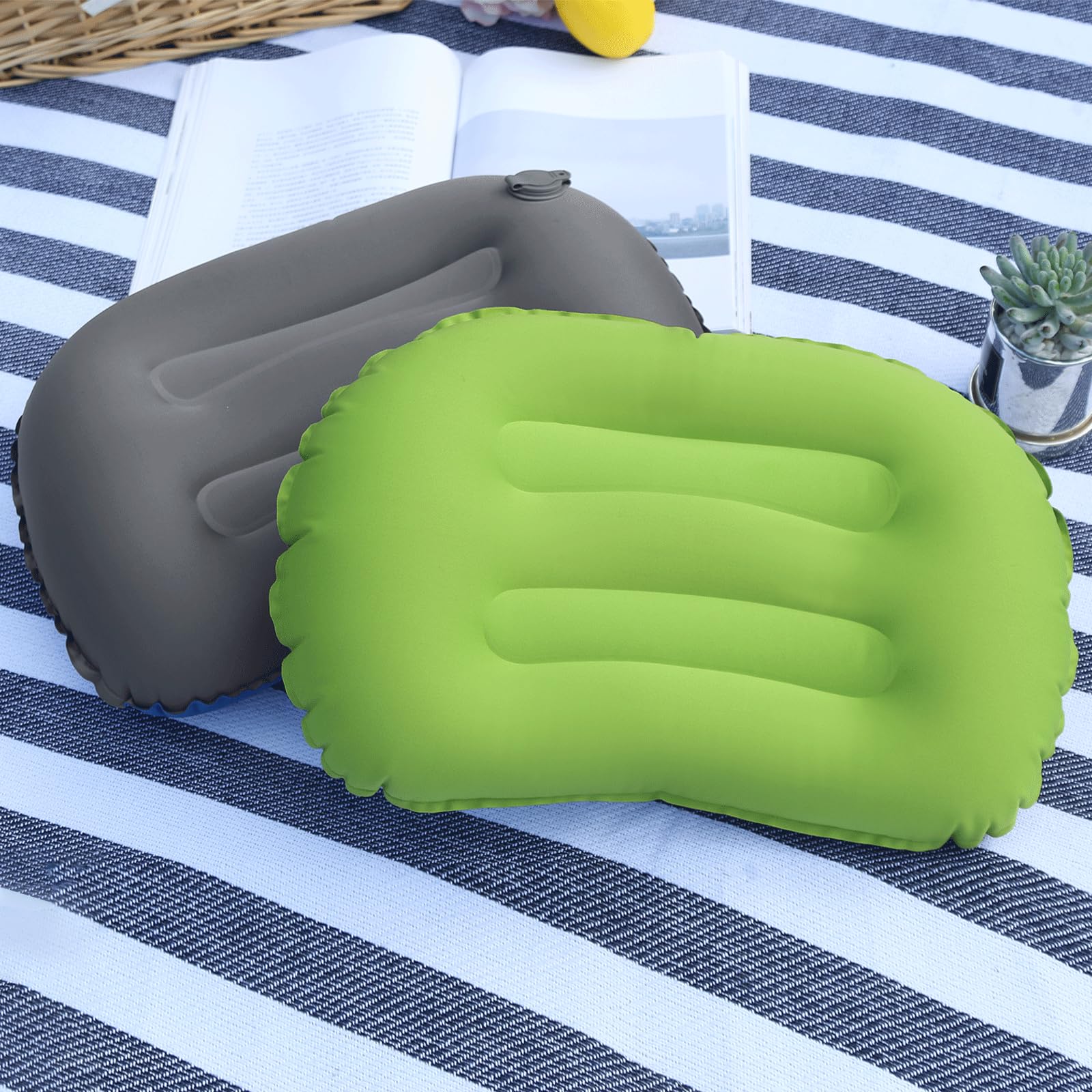 2X Cuscini Gonfiabili da Campeggio Ultraleggero Cuscino da Spiaggia Pieghevole e Portatile Cuscini per Viaggio, Escursioni 46x30 cm Verde