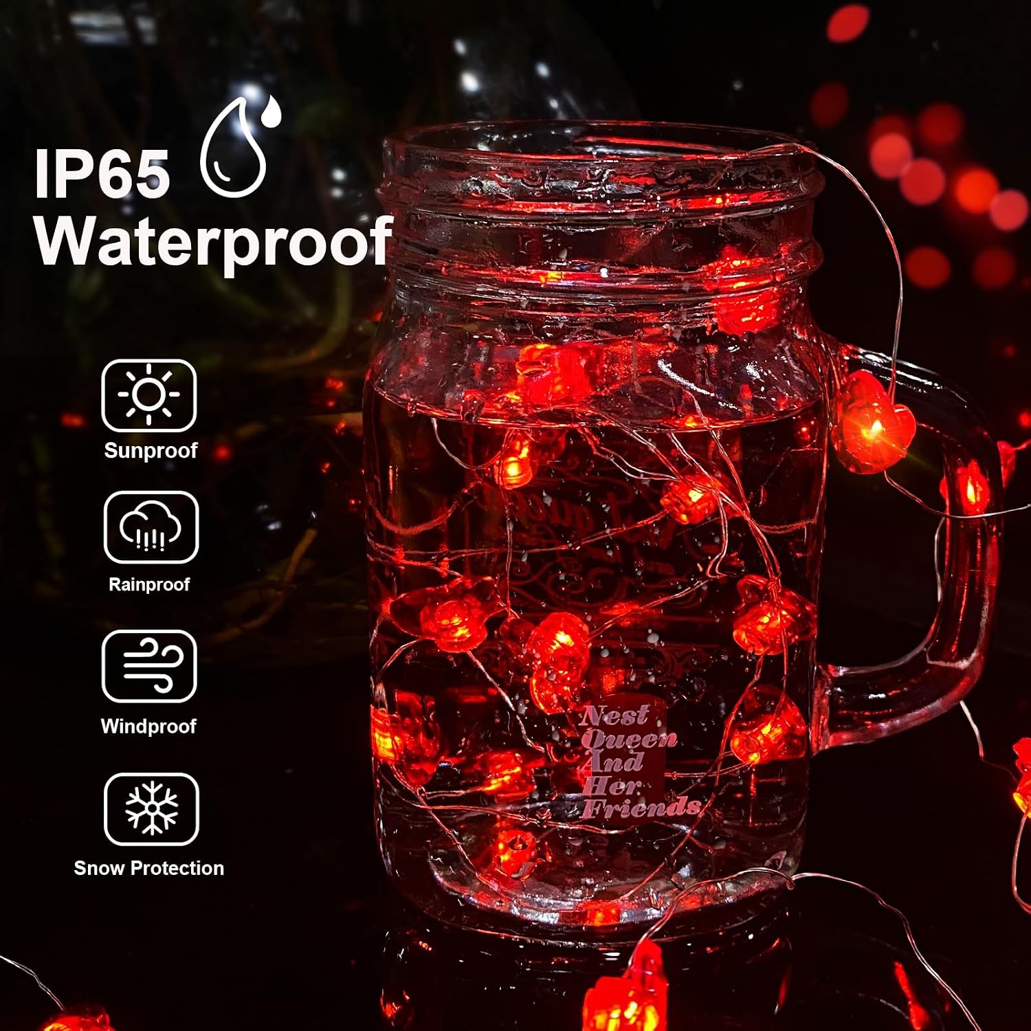 ZGWJ Valentines LED Fairy Lights, 1 Pack 50LED 16FT Red Heart String Lights Battery Operated,Waterproof Valentines Lights for Wedding Party,Mother's Day Decor Indoor Outdoor Decoration image 5