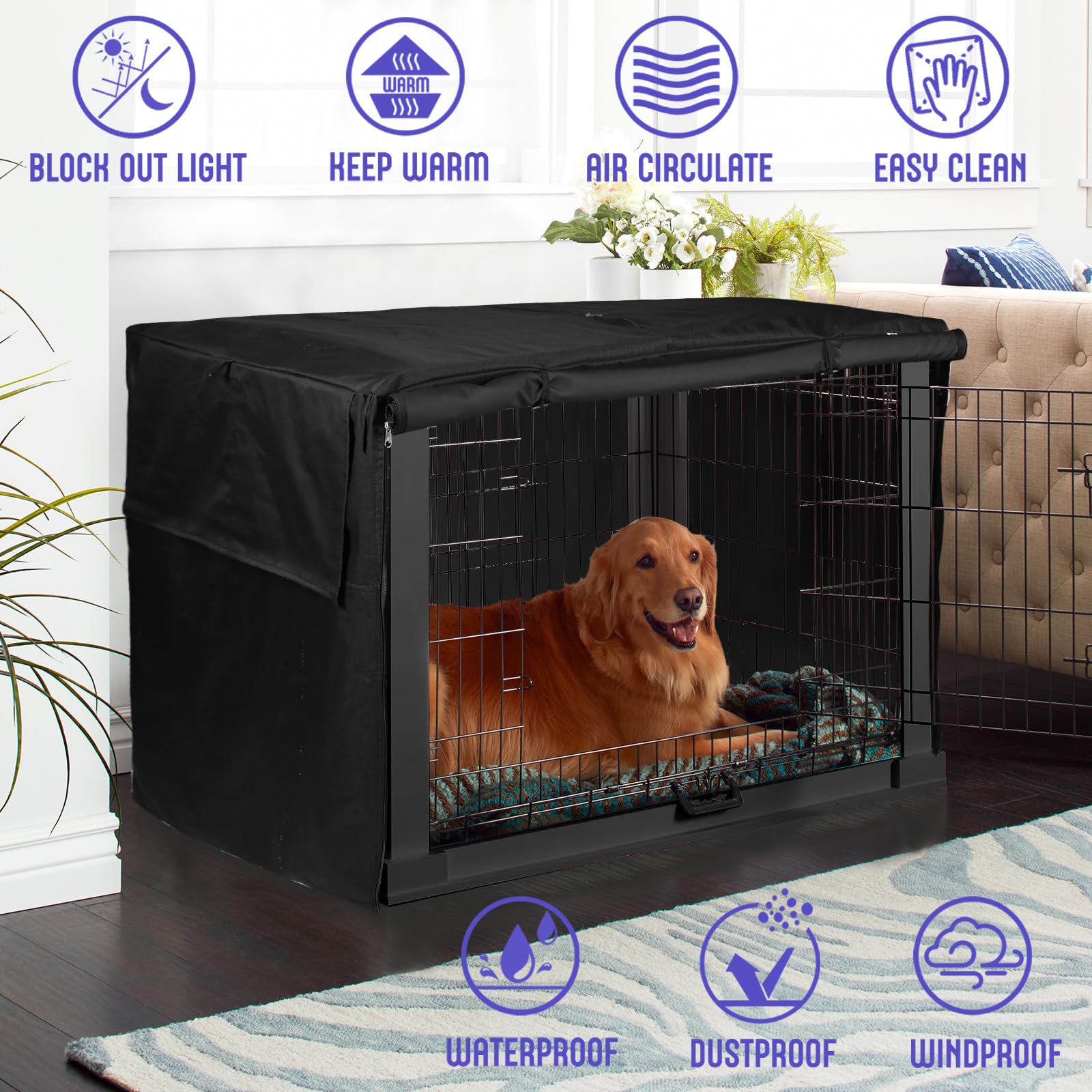 Copertura per gabbia per cani, in tessuto oxford sicuro 600D, antivento, finestra in rete traspirante, Coperture per gabbiette e cucce per Gabbia per cani adatta per 1 o 2 porte (107 x 72 x 76 cm)