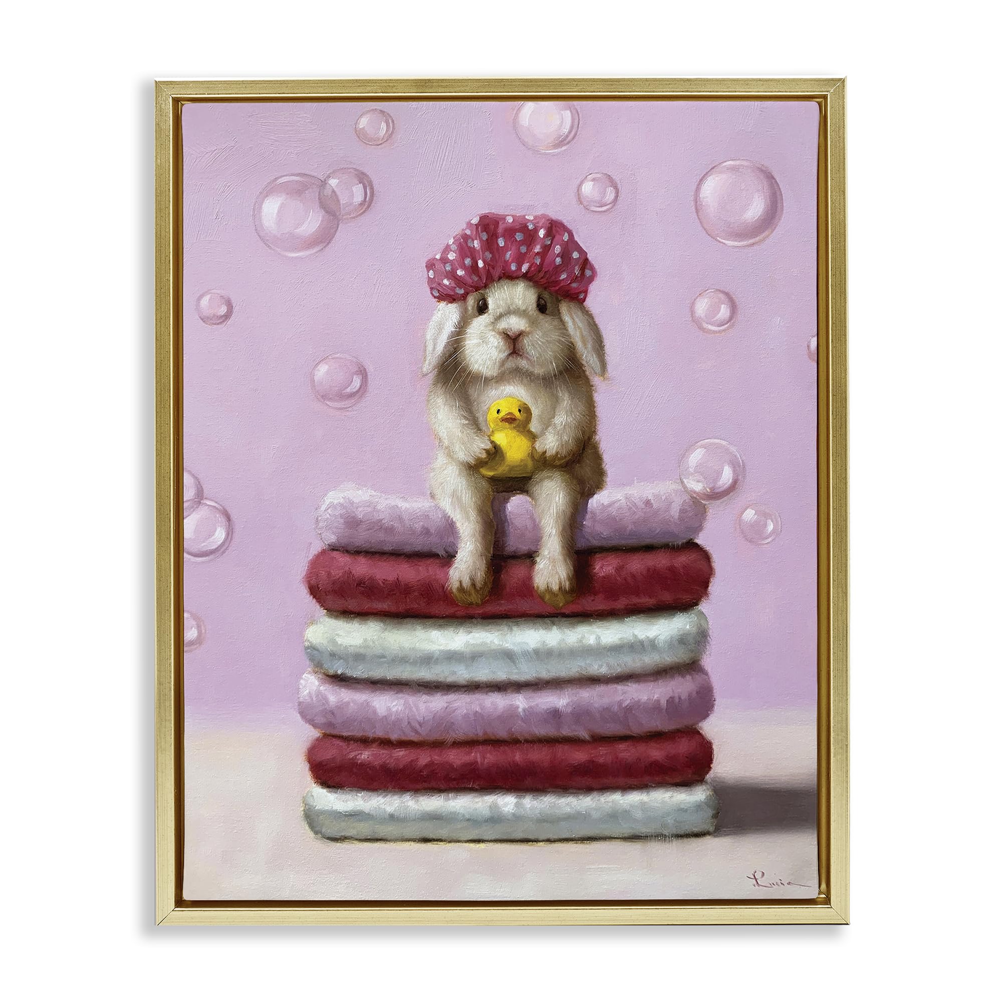 Cute Baby Rabbit Bath Time Comedy, 17 x 21 Inch Canvas in Floater Frame