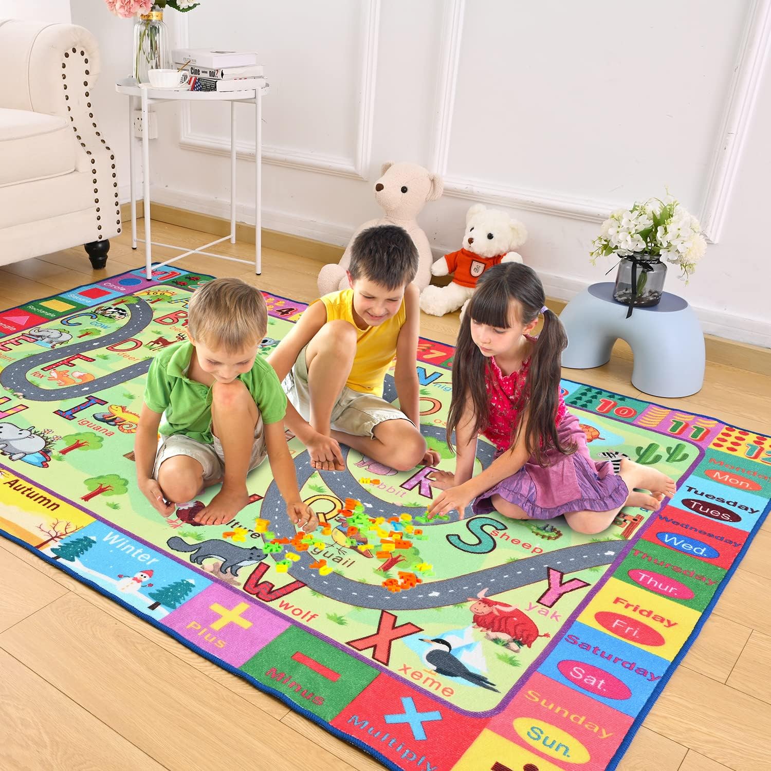 Terrug Kids Rug for Playroom & Classroom, Washable Nursery Carpet, Non-Slip Play Mat - ABC, Numbers, Animal, Color, Season - 3x5 Feet