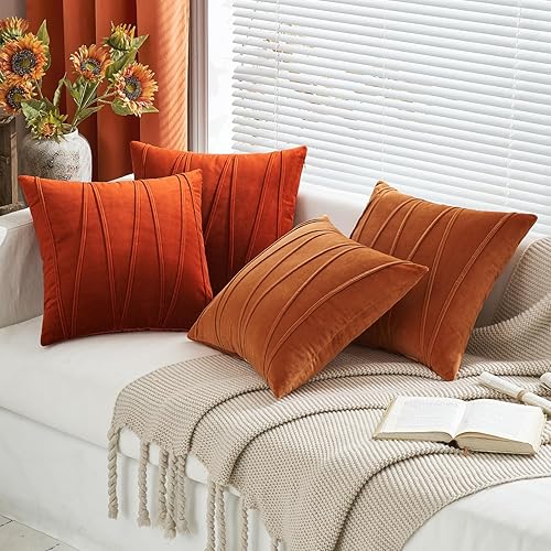 Miniatura 5 de Woaboy Paquete de 2 fundas de cojín de terciopelo, decorativas, cuadradas, suaves, acogedoras, para cama, sofá, sala de estar, naranja tostado, 16 x