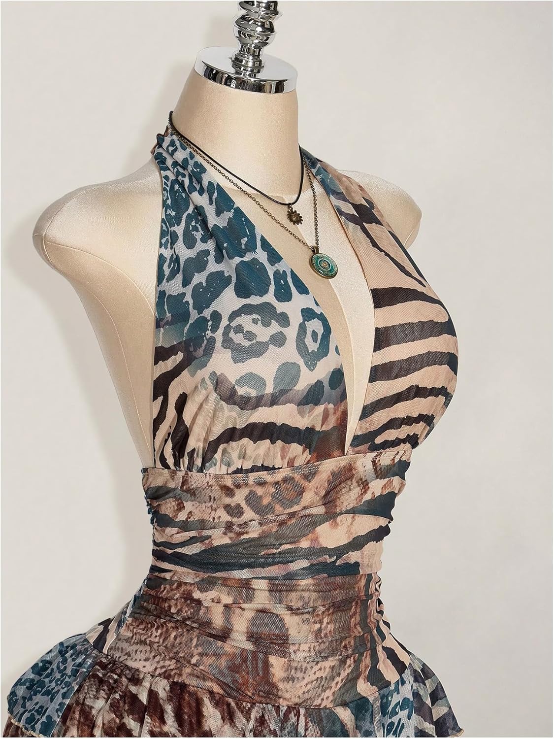 SHENHE Women's Plus Size Mesh Halter Dress Animal Print Deep V Neck Layered Ruffle Y2k Mini Dress - Image 2
