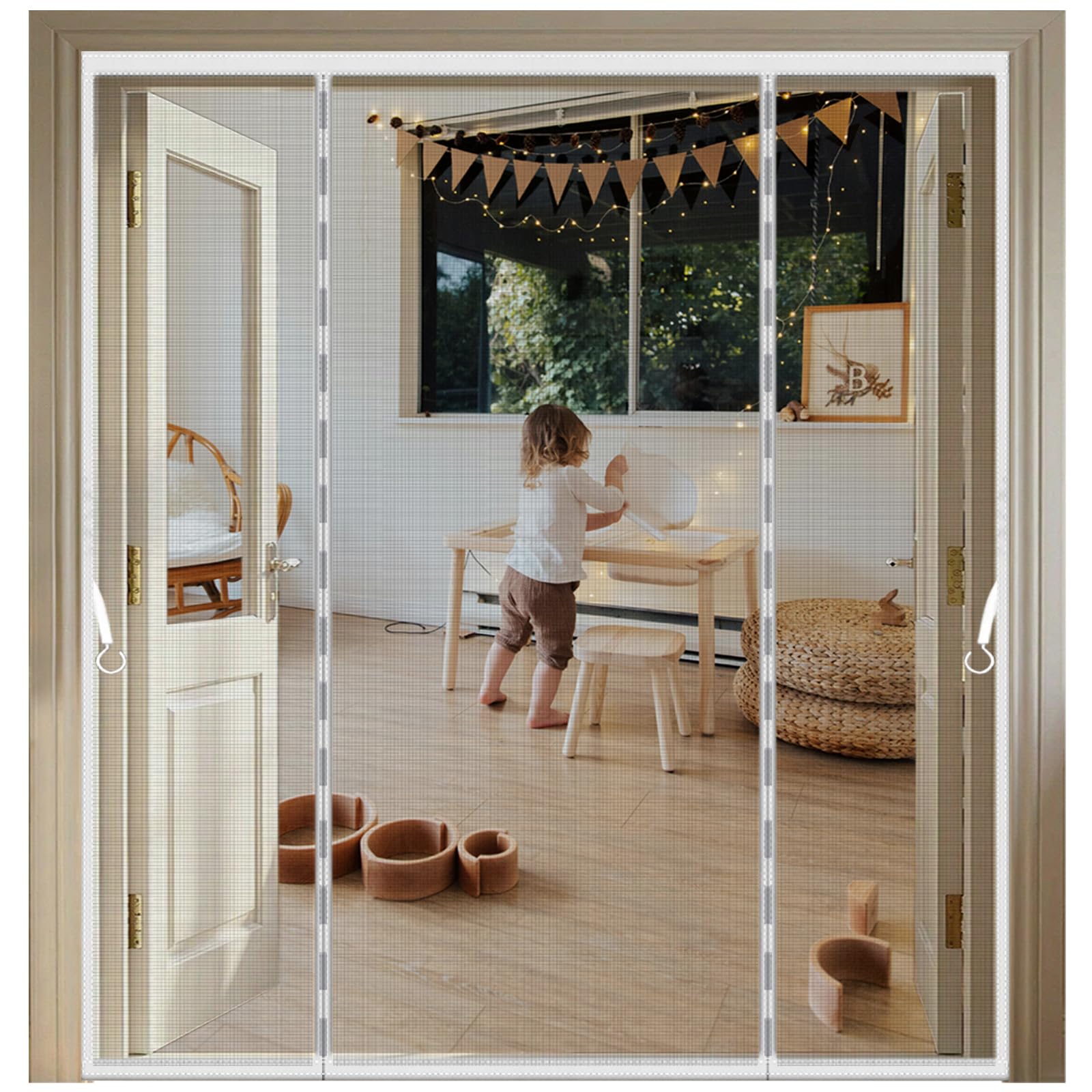 Double-Opening Magnetic Fly Screen Door, Heavy Duty Self-Sealing Mesh Net with Magnets for Patio French Door – No Drill Hands Free Bug Curtain Keeps Flies Out, White 155x270CM