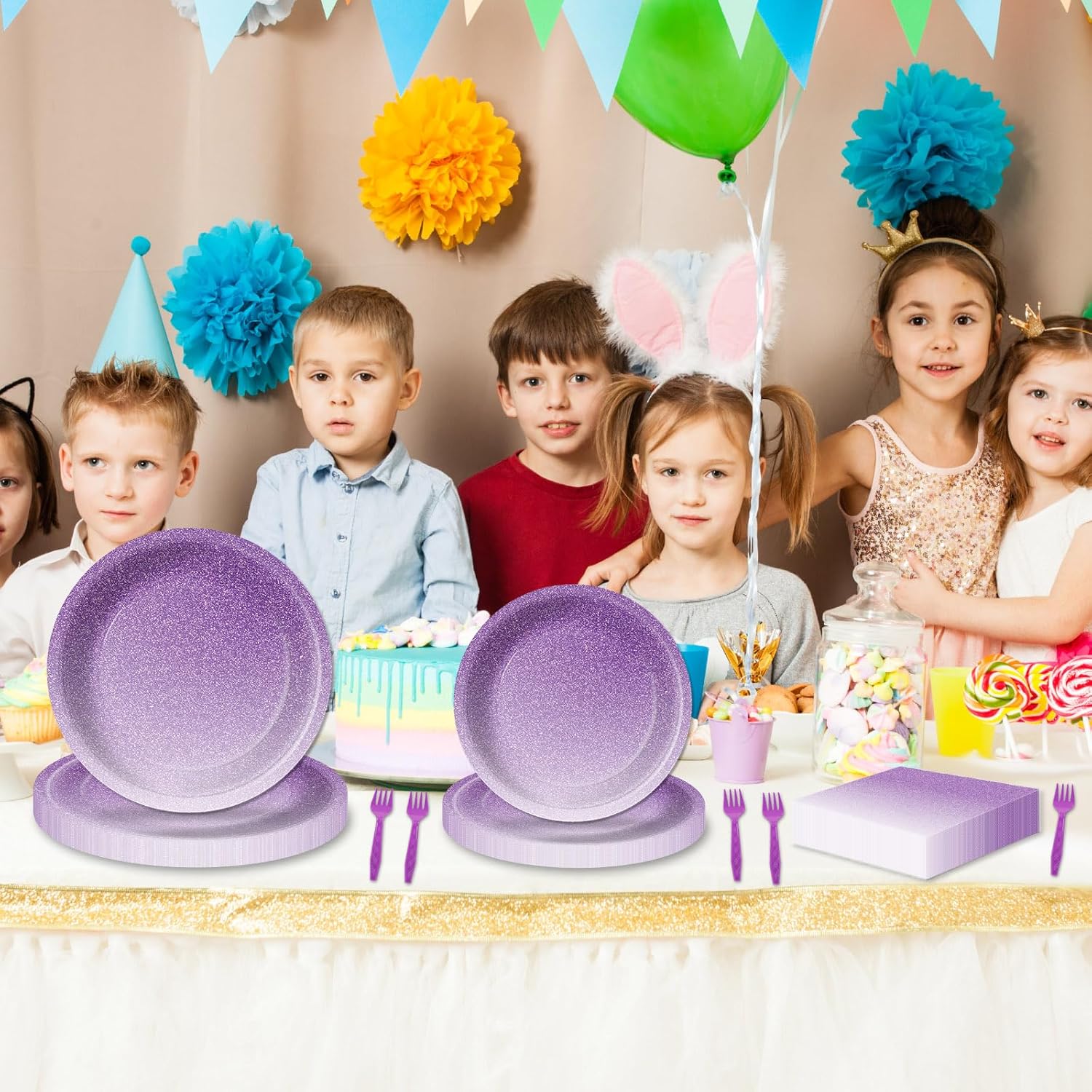 100Pcs Ombre Purple Party Decorations Birthday Tableware Sets Lilac Lavender Paper Plates Napkins Forks for 25 Guests Light Pastel Purple Wedding Disposable Dinnerware Table Party Supplies Favors - Image 7