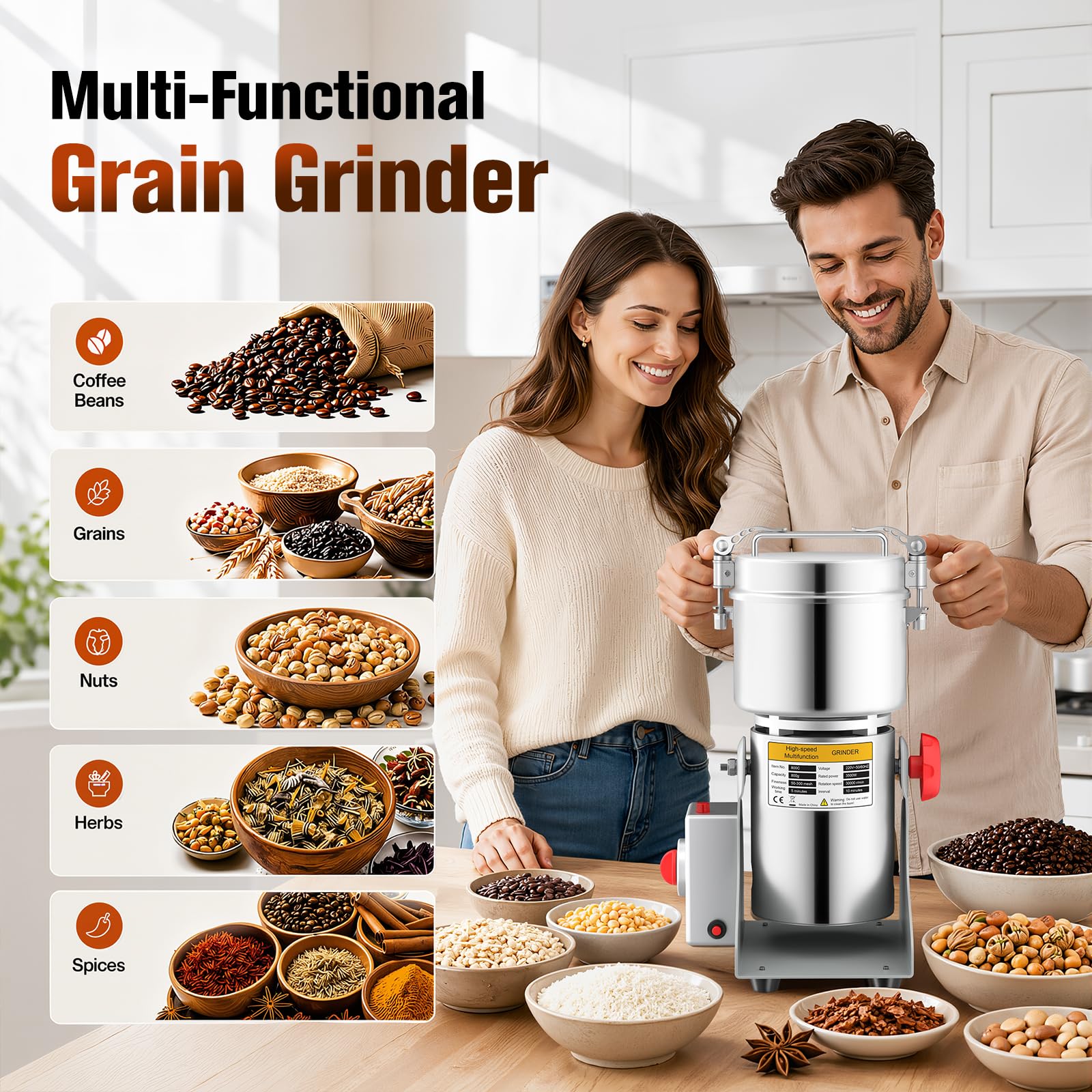 Molinillo de granos 800 g, 3500 W, 30000 RPM, eléctrico de especias con temporizador 5 min y tamiz, acero inoxidable, para hierbas, frutos secos, granos de café, uso doméstico y comercial