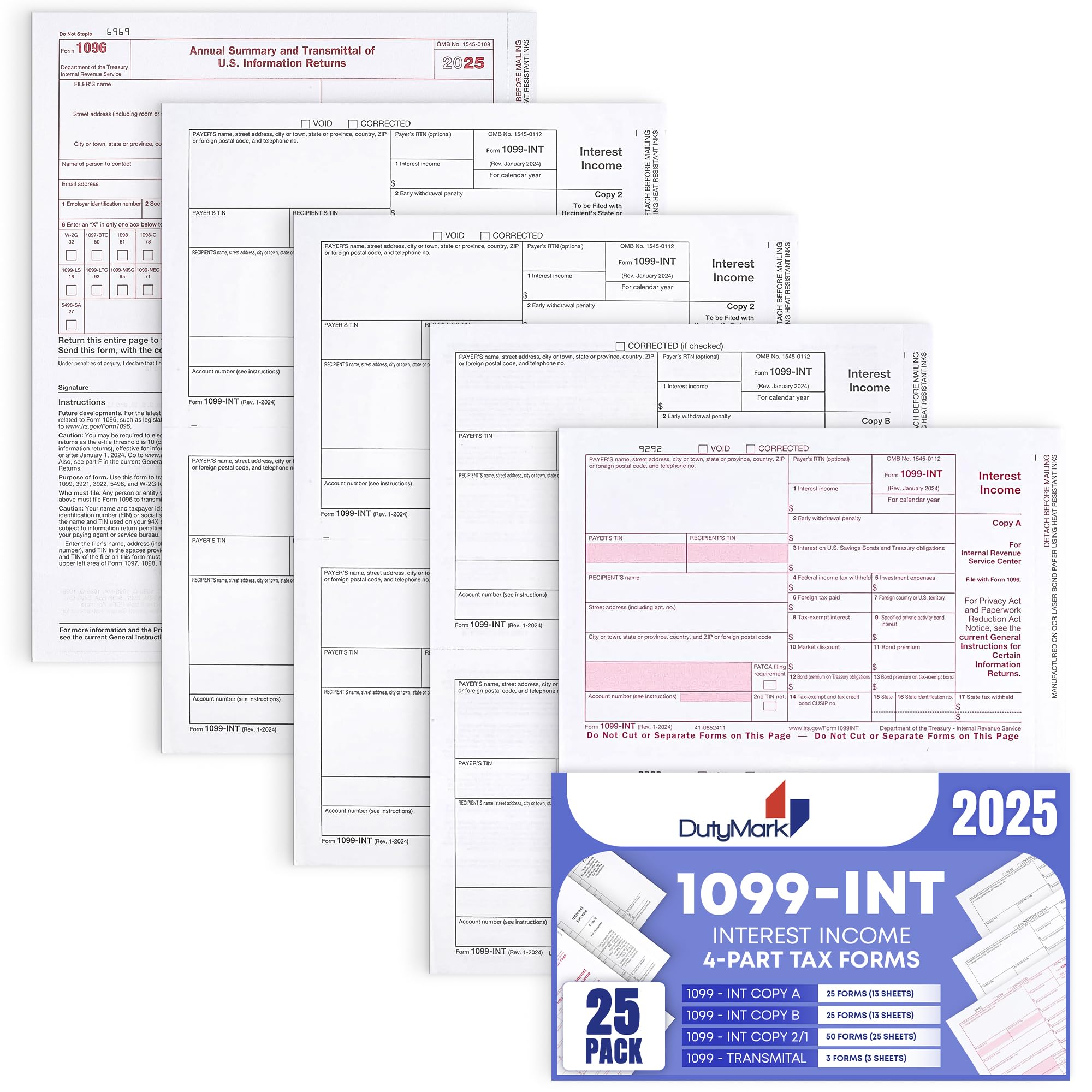 1099 INT Tax Forms 2025 Interest Income Set, 4 Part 25 Pack, Great for QuickBooks and Accounting Software 25 Laser Form Sets for Interest Income, 1099-INT 2025