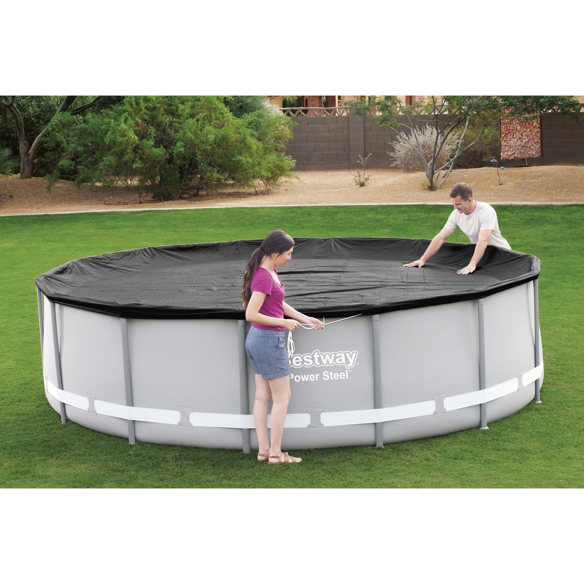 Bestway Flowclear PVC-Poolabdeckung rund 4,6 m für oberirdische Rahmenpools mit Abflusslöchern und sicheren Spannseilen, Schwarz (nur Abdeckung)
