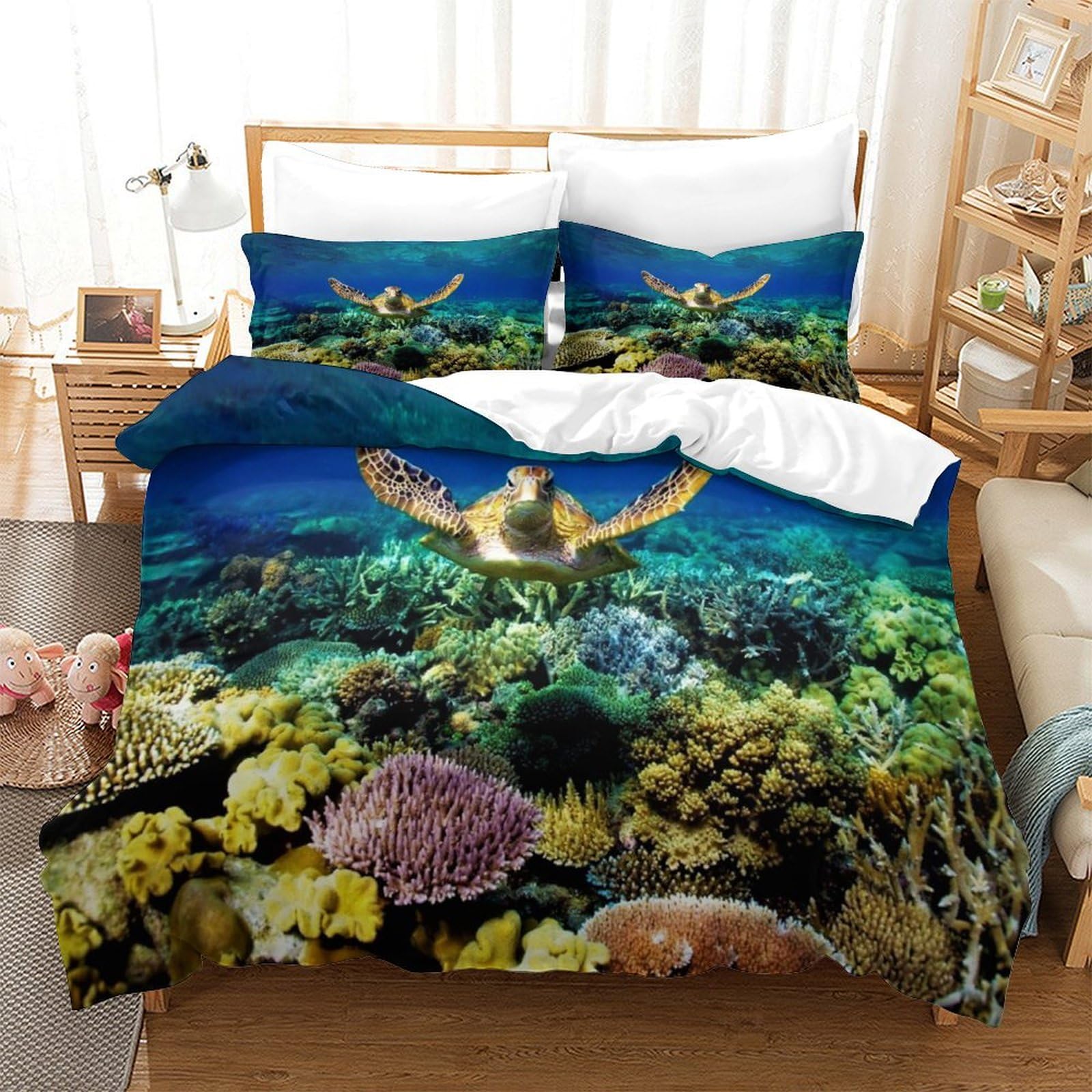 P1s9u7w5y Sea Turtle 3D Printed Ocean Turtle Duvet Cover Set 3Pcs Microfiber Coral Reef Bedding Set Double（200X200cm）