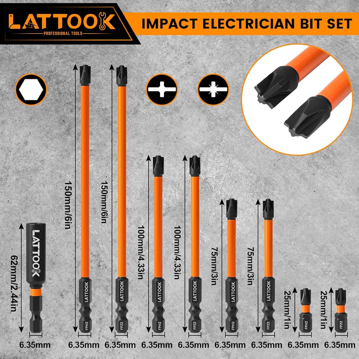Phillips Pozidriv Slotted Bits for Electricians LATTOOK 9PCS S2 Steel Impact Combination Electrician Screwdriver Bit Set, FPZ2 FPH2#2 Bits