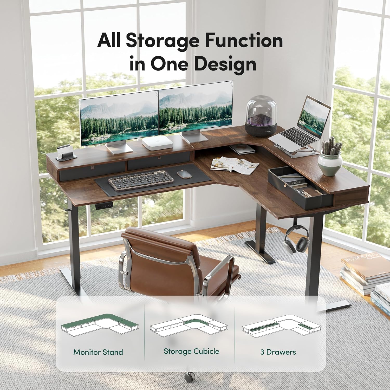 CubiCubi L Shaped Standing Desk with Drawers 63 x 48 Inch Adjustable Height, Electric Corner Desk with Storage, Sit Stand Home Office Desk with Splice Board, Black Walnut