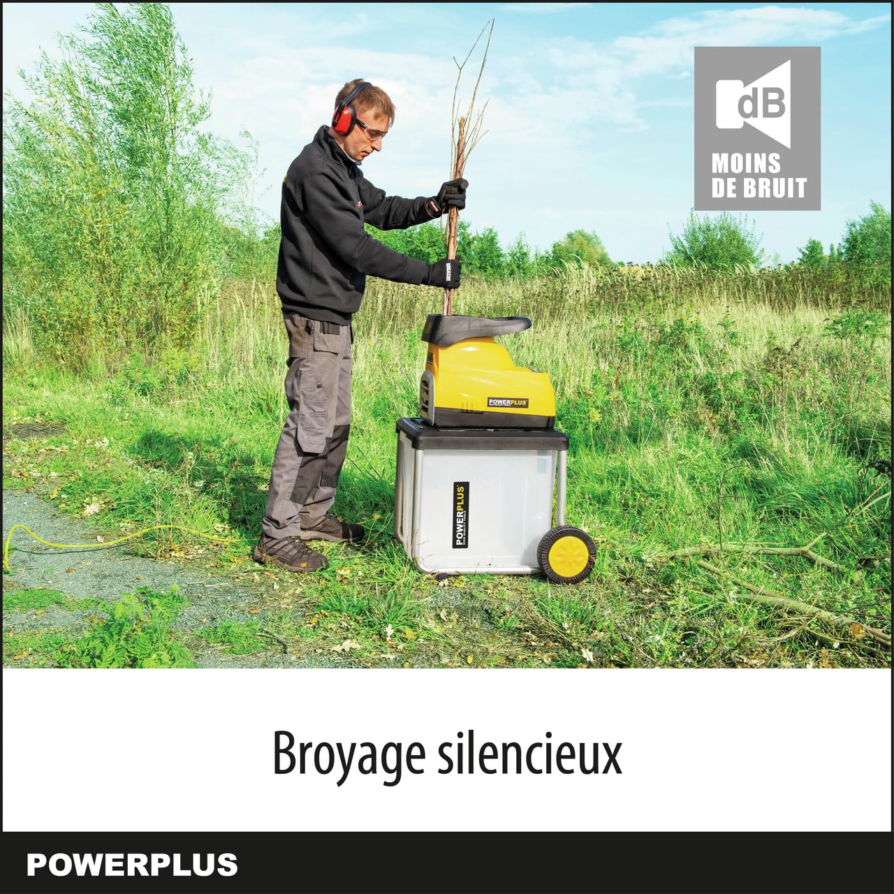 Powerplus Broyeur de Végétaux Électrique POWXG6462-2800 W, Max. Ø45 mm, Poussoir, Roues et Sac de Ramassage de 60 l Inclus