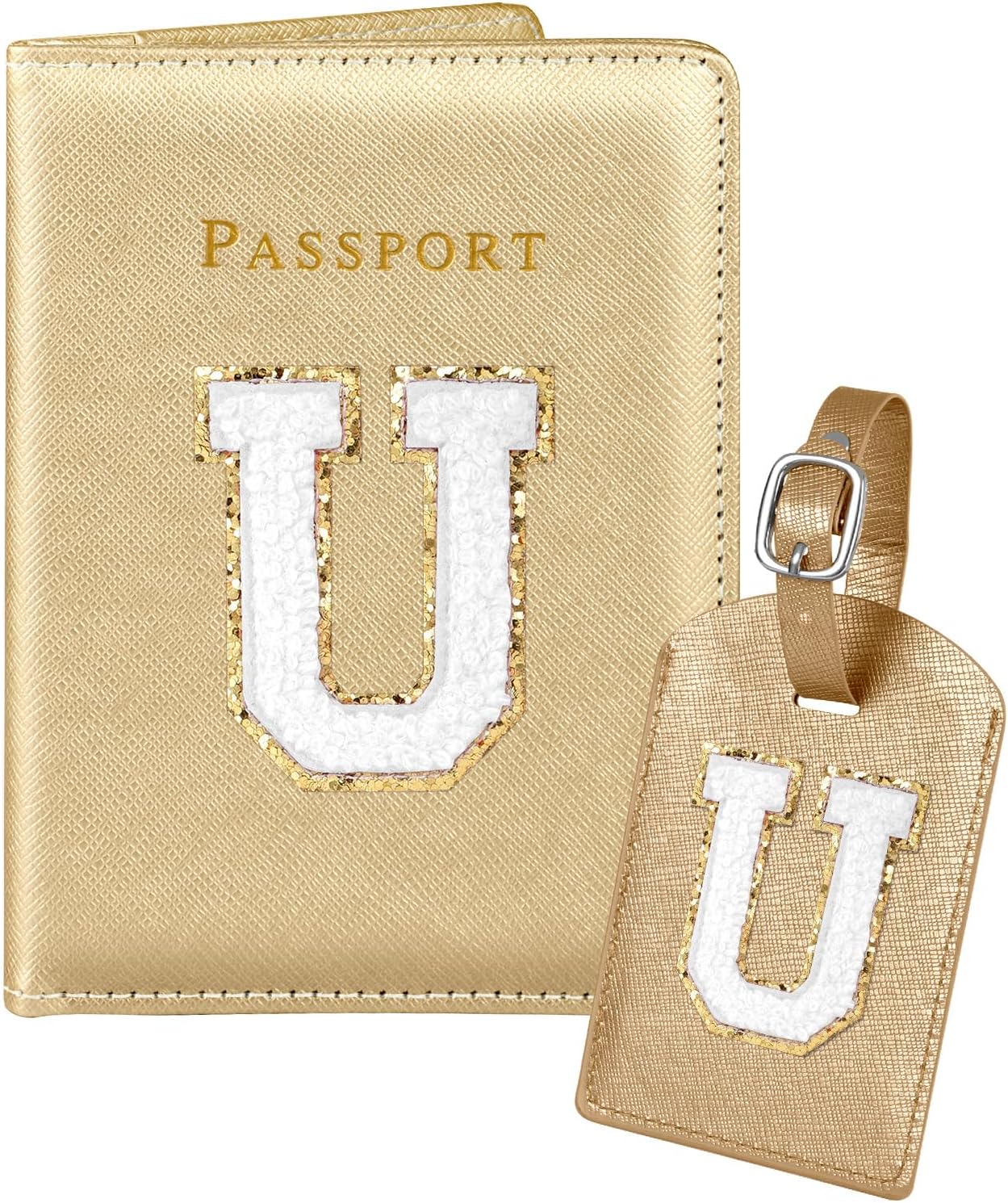 Slohif Passport Holder Initial Lugguage Tag Set Suitcase Cover Wallet Case for Travel Women - Leather Letter Passport Book Personalized Organizer Card Protector Sleeve Essentials Slim Carrier Gold U