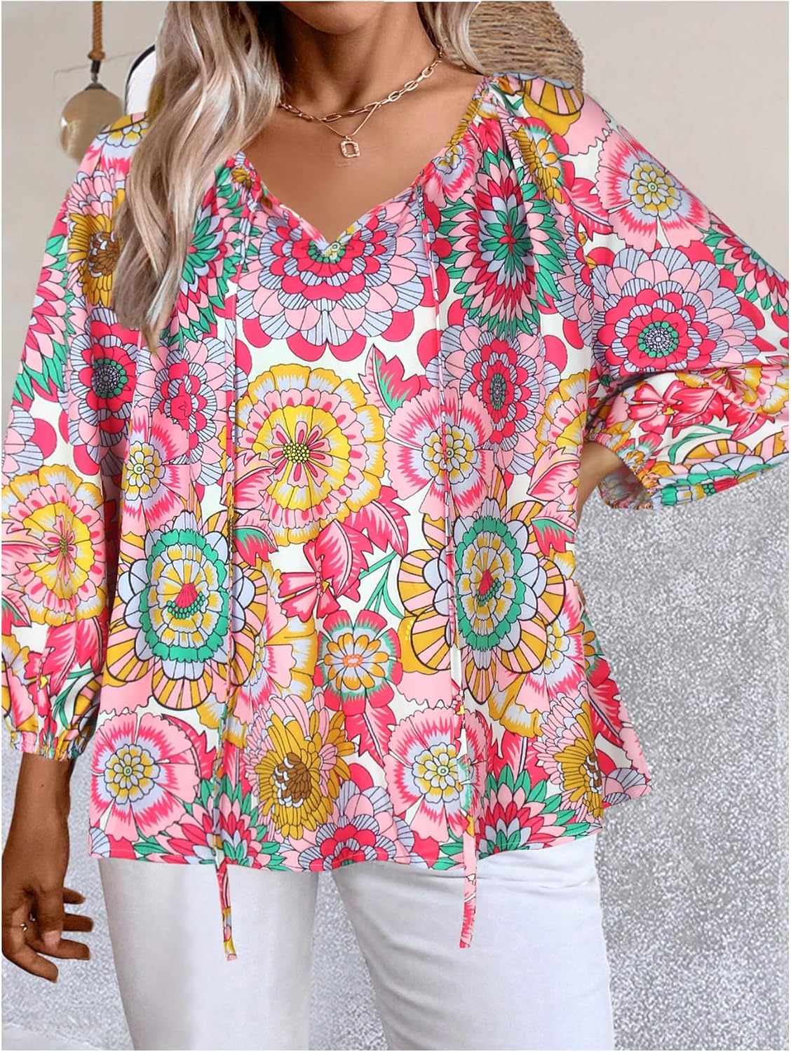 Verdusa Women's Plus Size Floral Bow Tie Neck Blouse Boho Bishop Sleeve Vacation Tunic Tops - Image 3