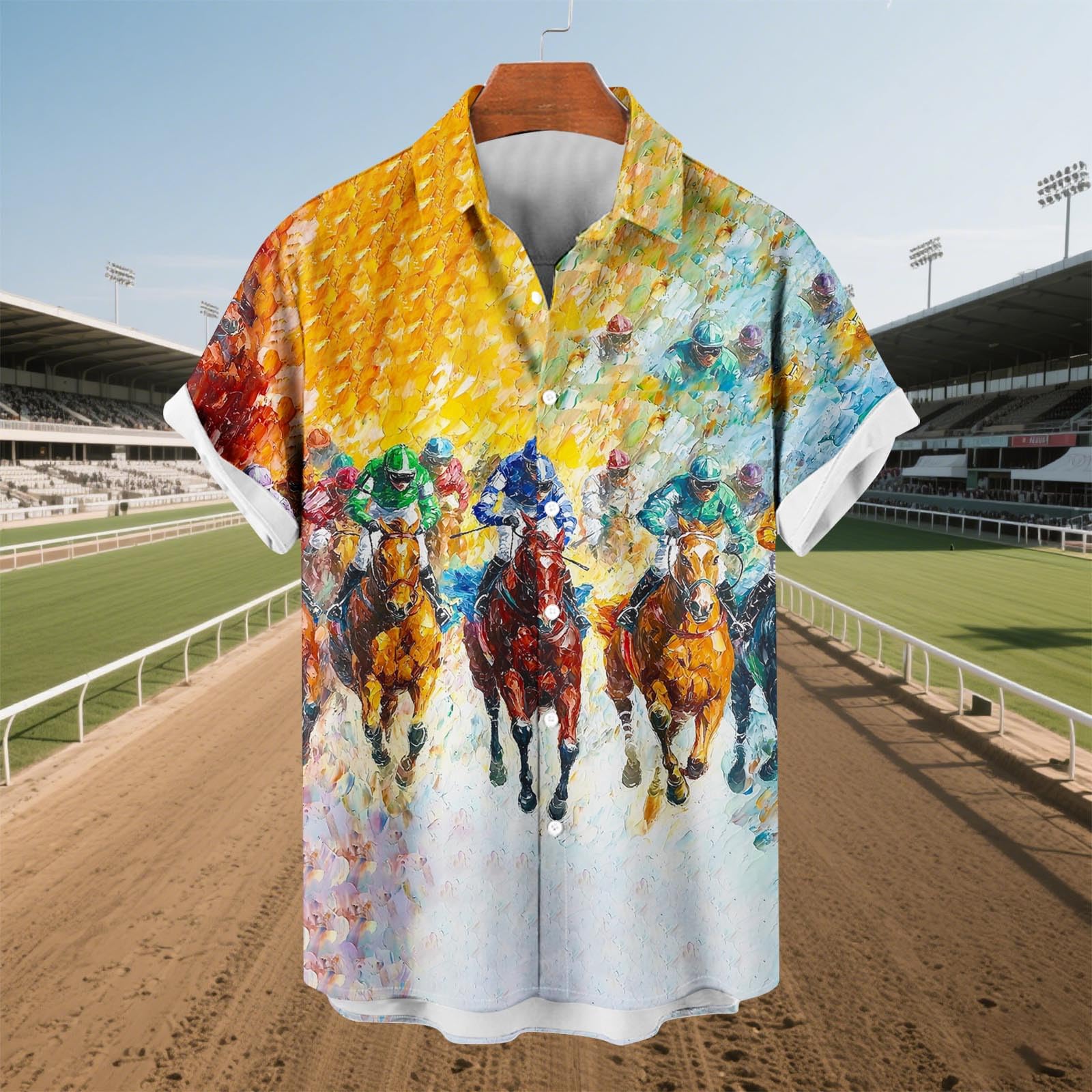 Horse Racing Shirt for Men Hawaiian 3D Graphic Funny Button Down Short Sleeve Tropical Beach Vacation Shirts