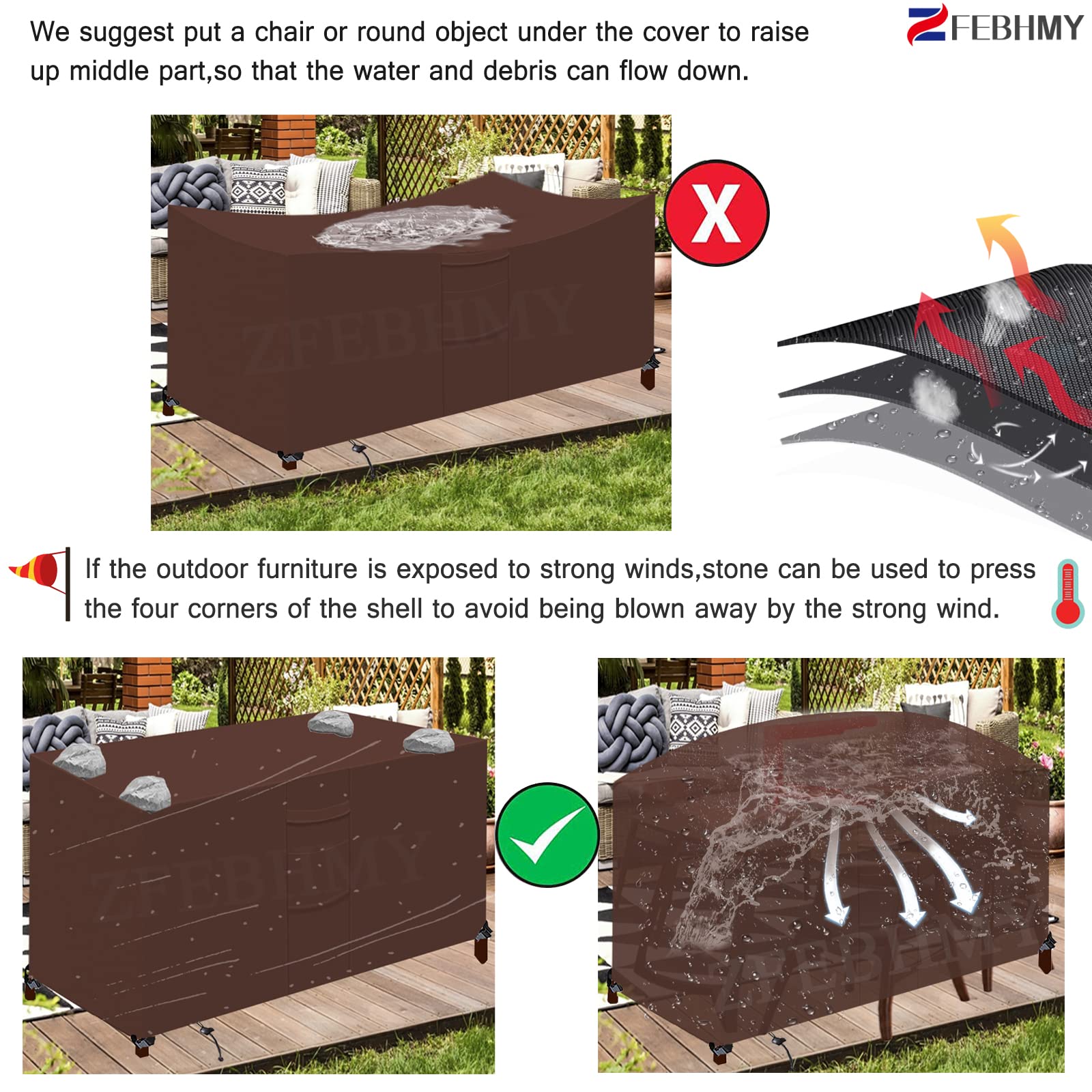 Copertura per Mobili da Giardino Tessuto 420D Oxford Rettangolare Copertura Tavolo Giardino Esterno Impermeabile,UV per Tavoli Sedie Copertura da Protezione-Brown|| 180x120x120cm(LxWxH)