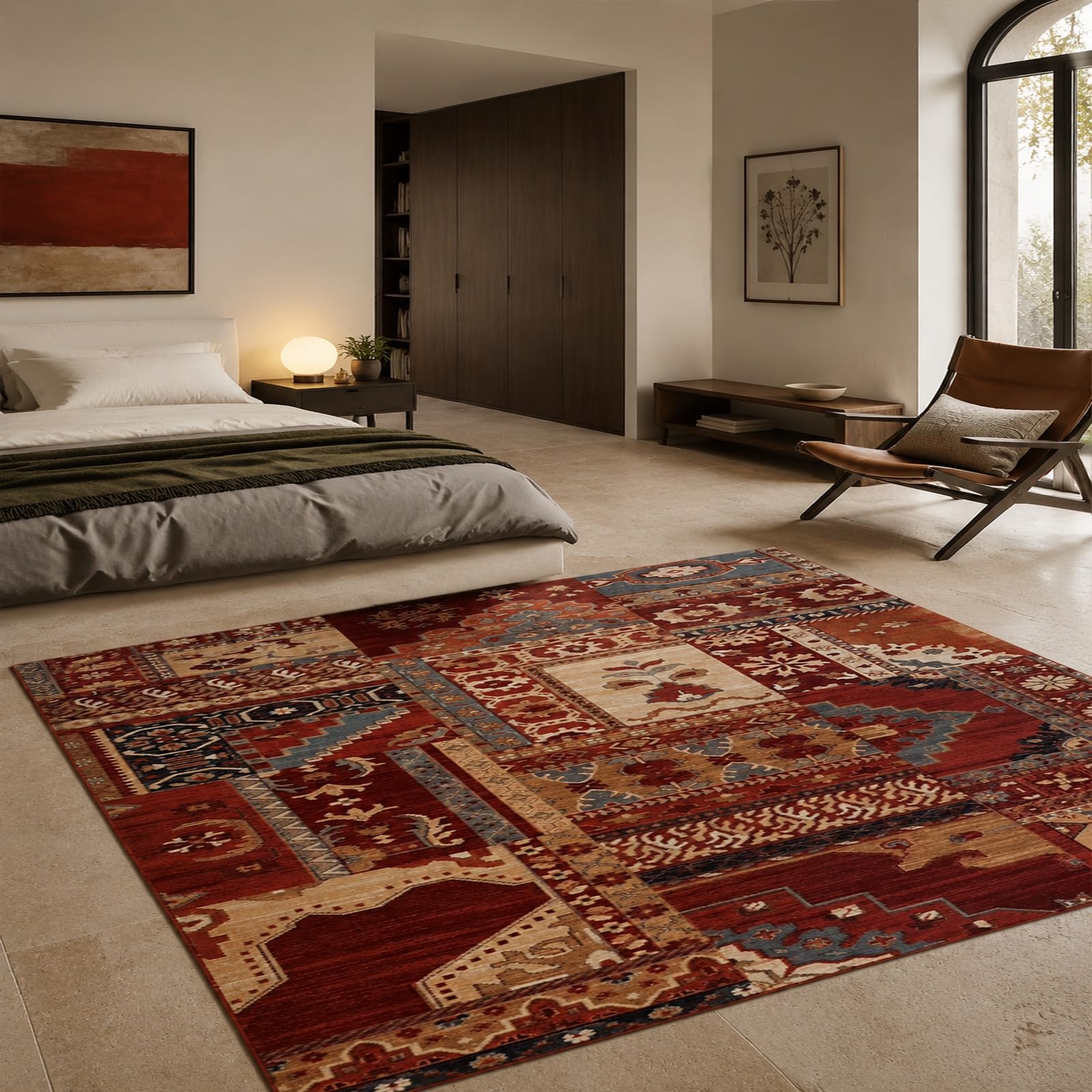 Tappeti di zona, 100 x 160 cm, Rosso orientale beige blu marrone, Tappeto Salotto Moderno Pelo Corto Lavabile, Antiscivolo, Facile da Pulire,