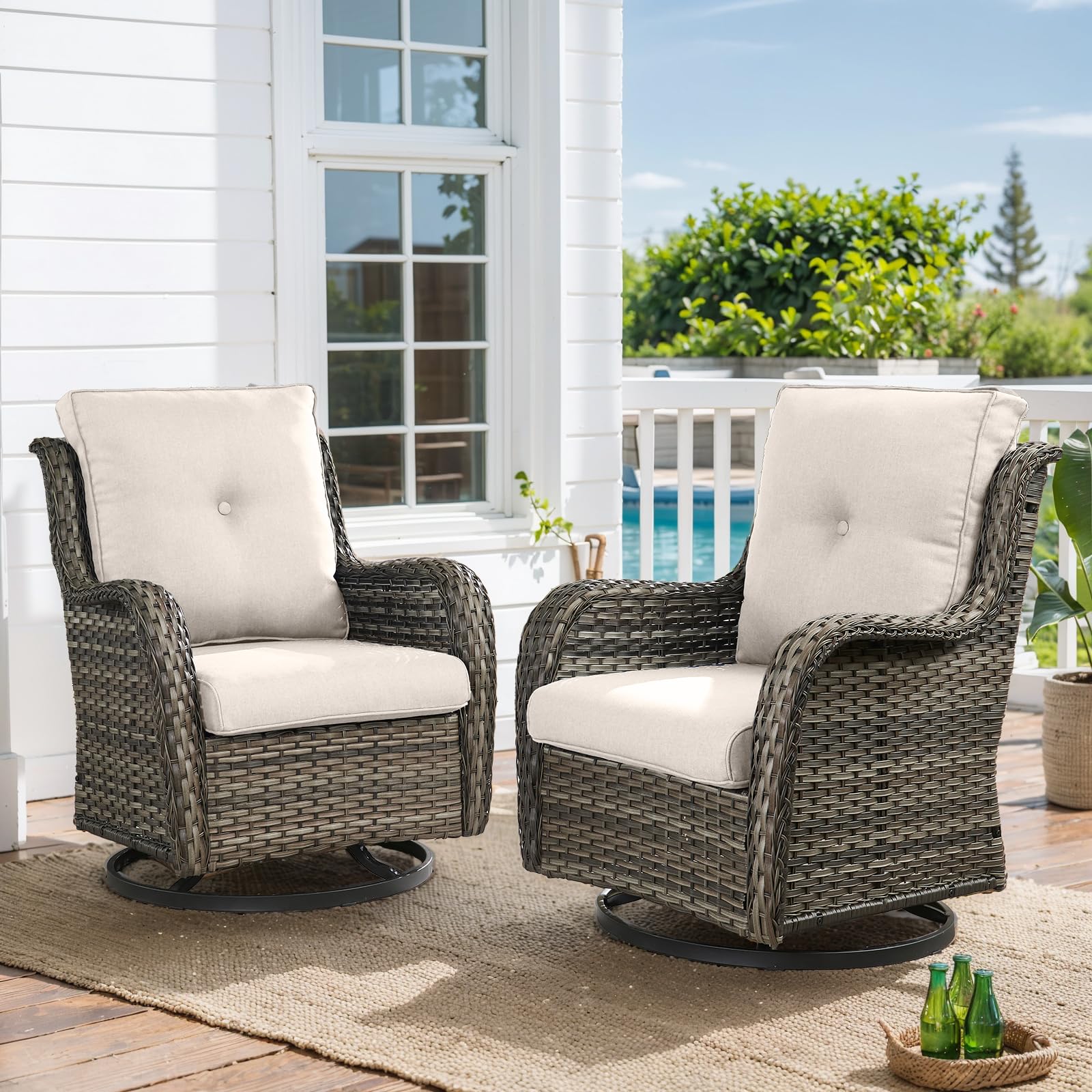 HUMMUH Outdoor Swivel Rocker Wicker Set